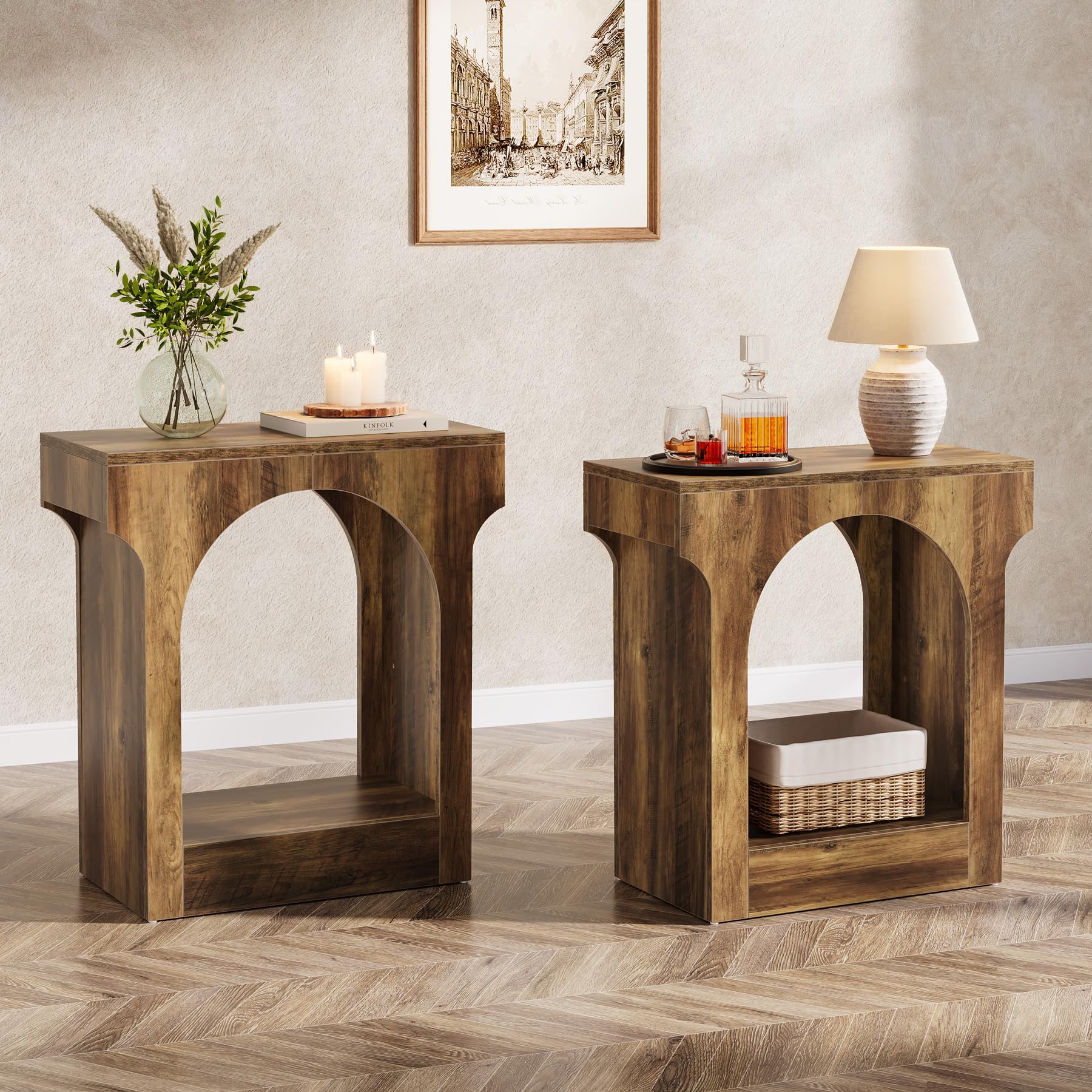 Rustic Brown Wood End Table Set of 2, Narrow Side Tables with Storage Space for Bedroom or Living Room