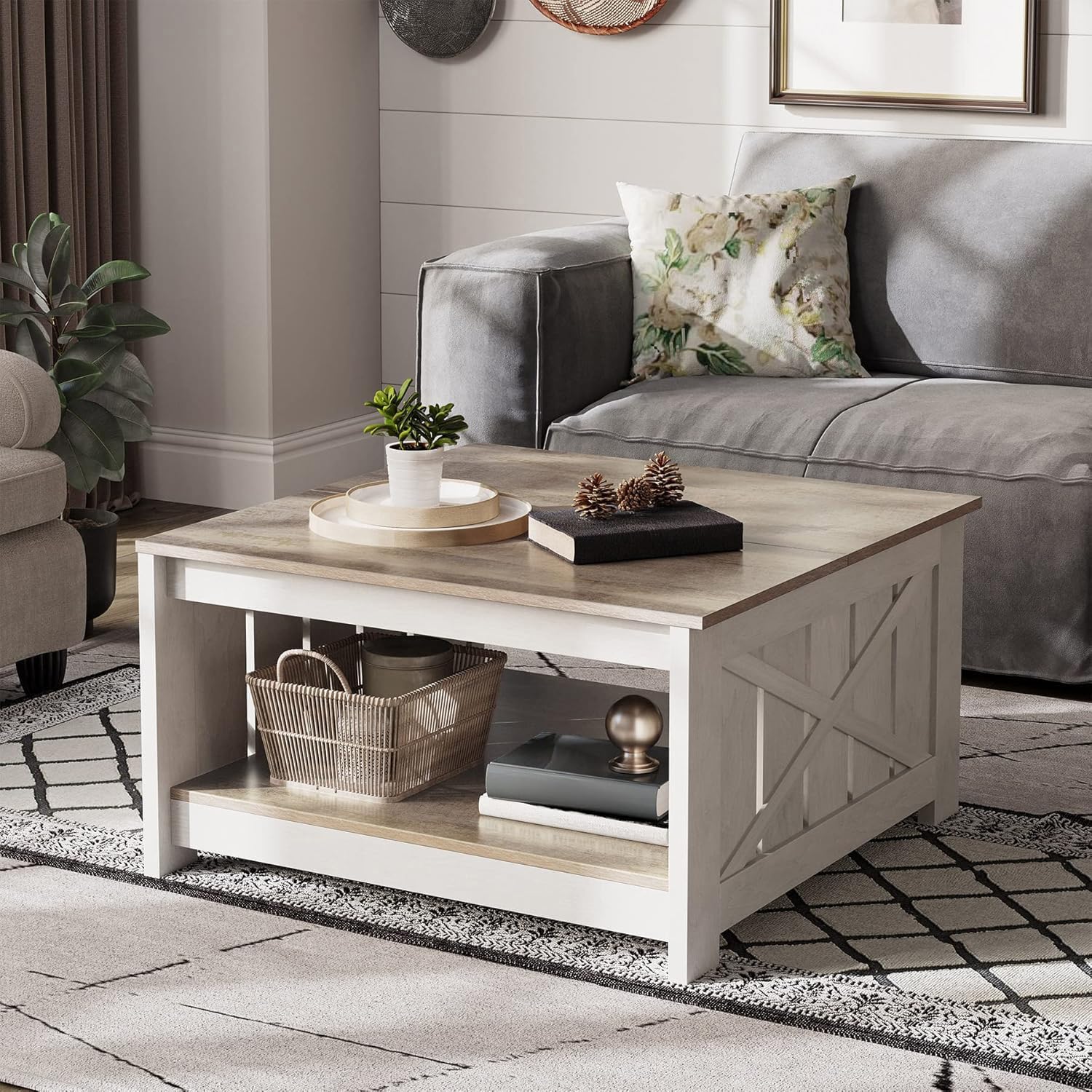 Farmhouse Square Coffee Table with Half Open Storage, Rustic Grey Wash Wood Living Room or Meeting Table