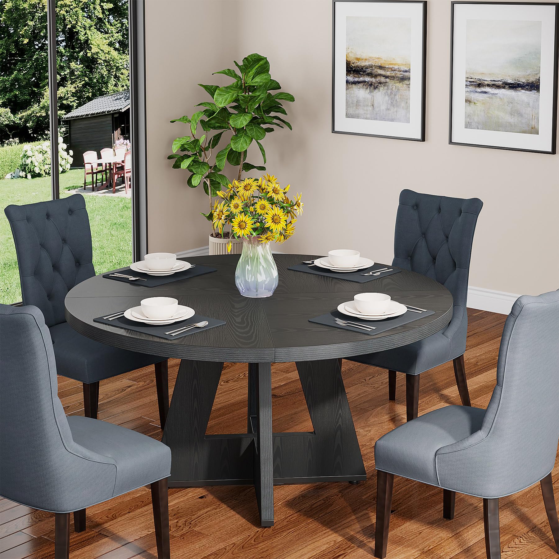 47" Round Wood Dining Table, Farmhouse Pedestal Table for 4, Black Base Kitchen Table for Dining Room