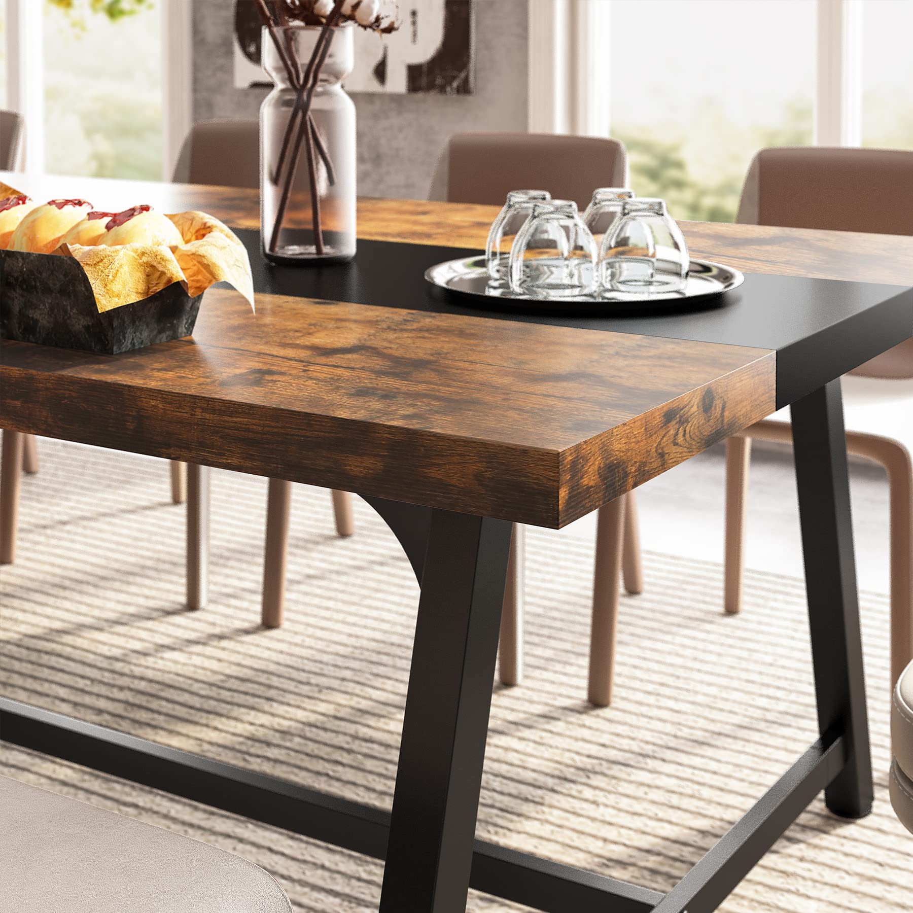 70.87" Industrial Dining Table, Large Rustic Brown Wood Kitchen Table with Metal Frame for Big Families