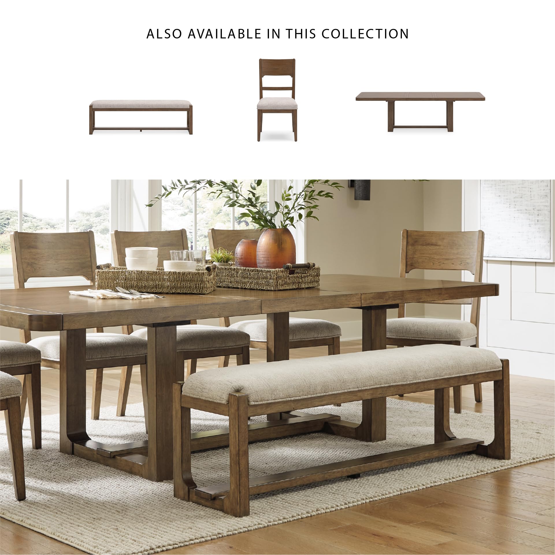 Cabalynn 63" Upholstered Dining Bench, Beige and Light Brown Farmhouse Style Seating for 6-8 People