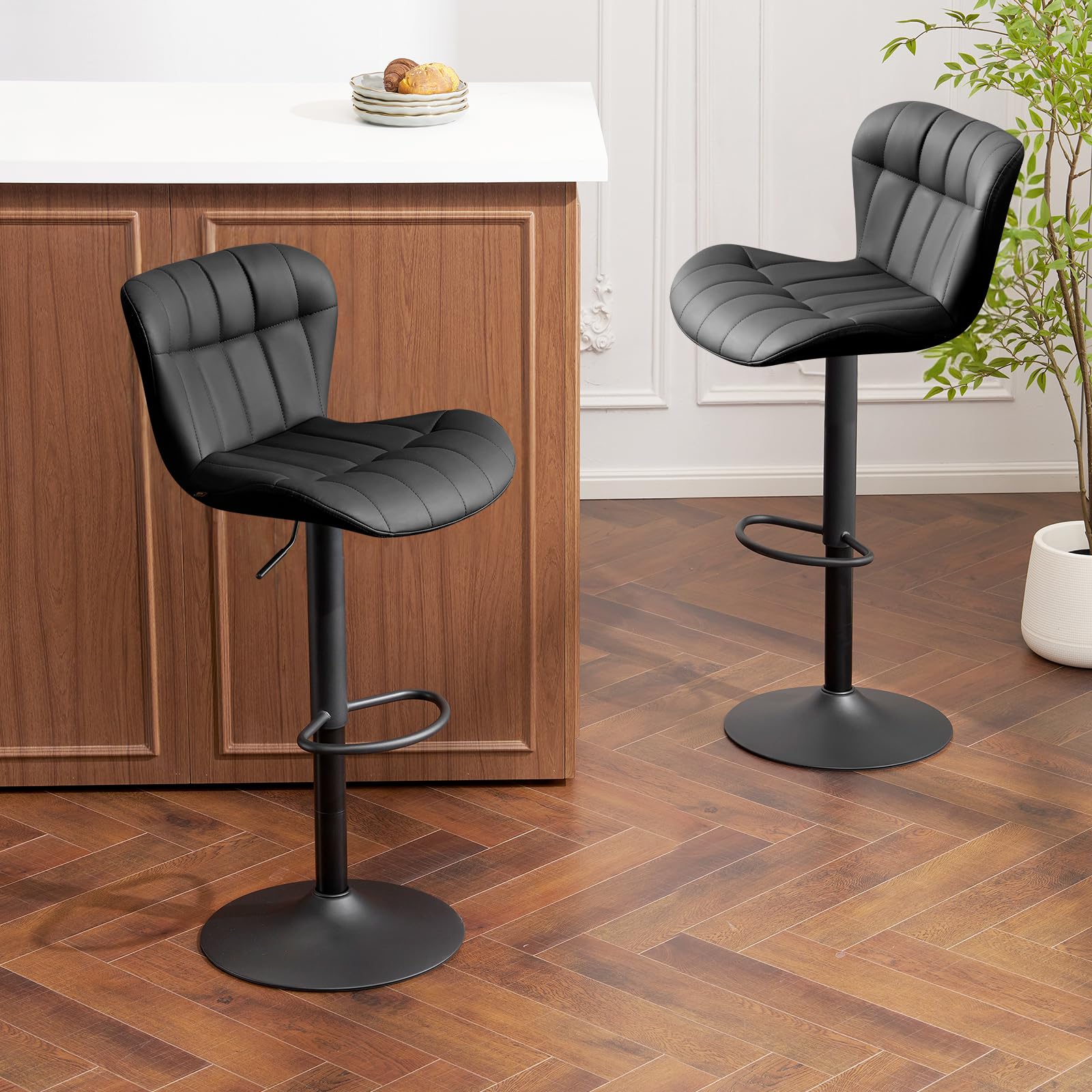 Modern Barstools Set of 2, Faux Leather Swivel Bar Stools with Backs for Kitchen Island, Upholstered Bar Height Chairs, Black