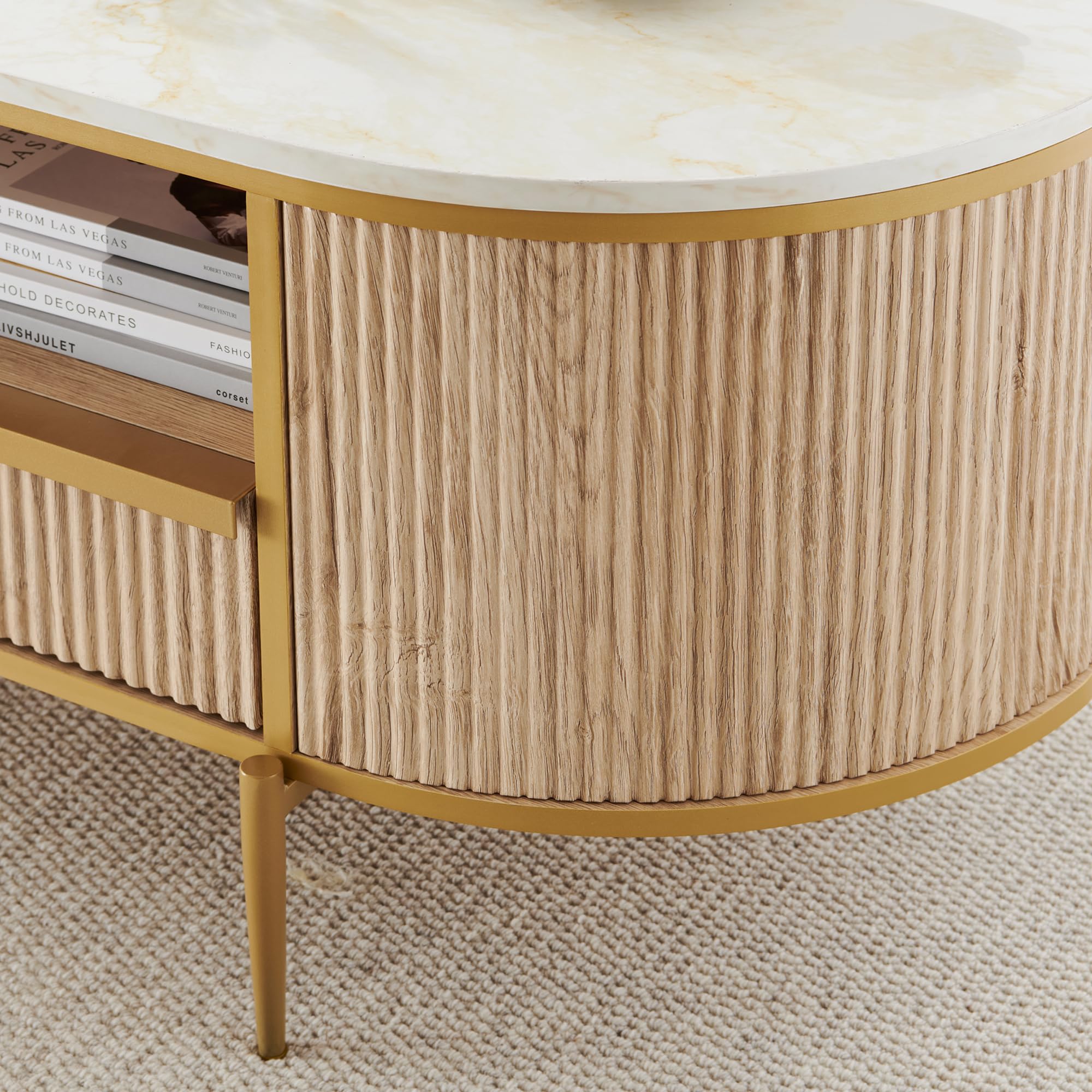 48" Modern Fluted Coffee Table with Drawer, Faux Marble Top, Gold Metal Decor, Curved Oval Center Table, Natural Oak