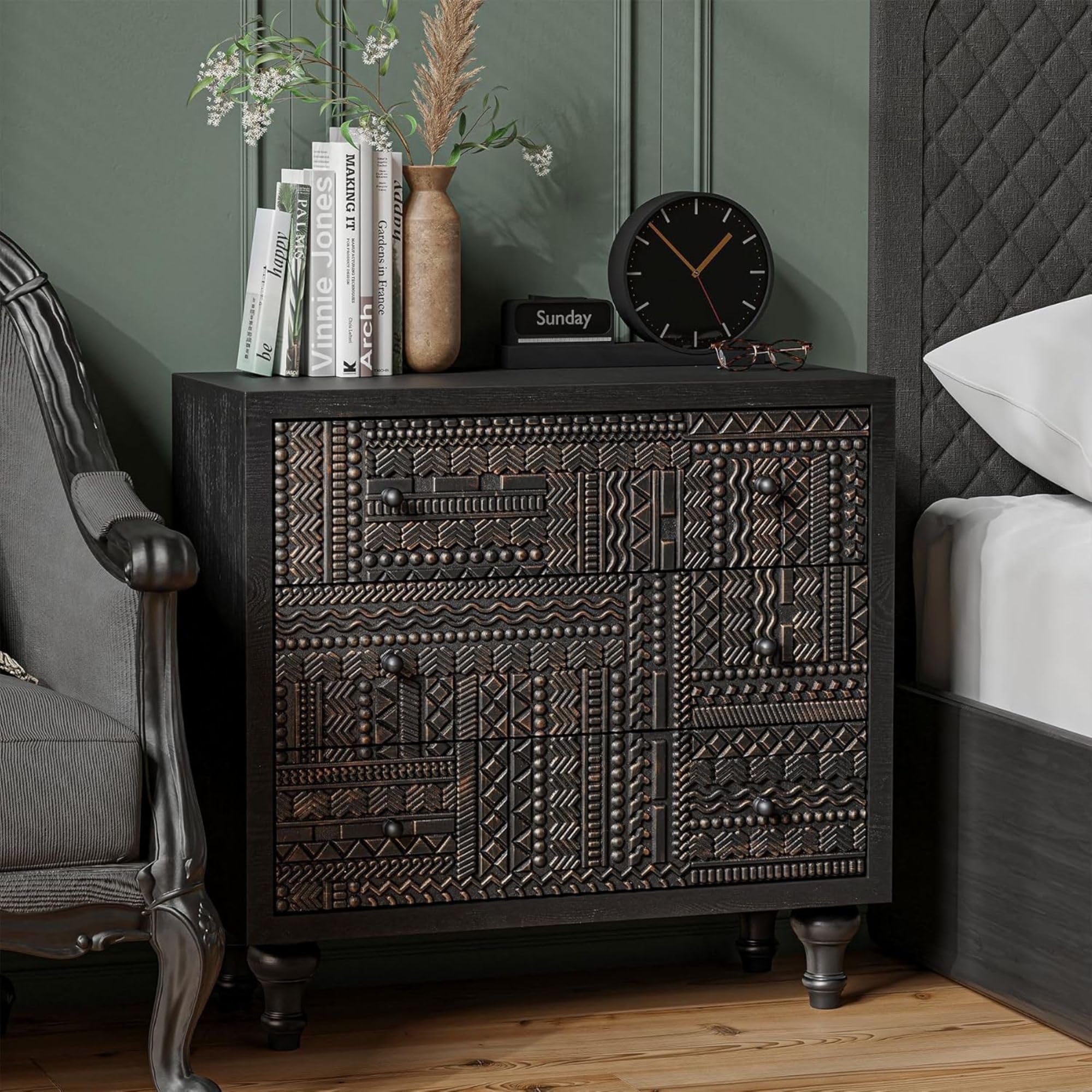 Black 3-Drawer Farmhouse Dresser with Carved Pattern, Mid-Century Modern Boho Nightstand, Fully Assembled