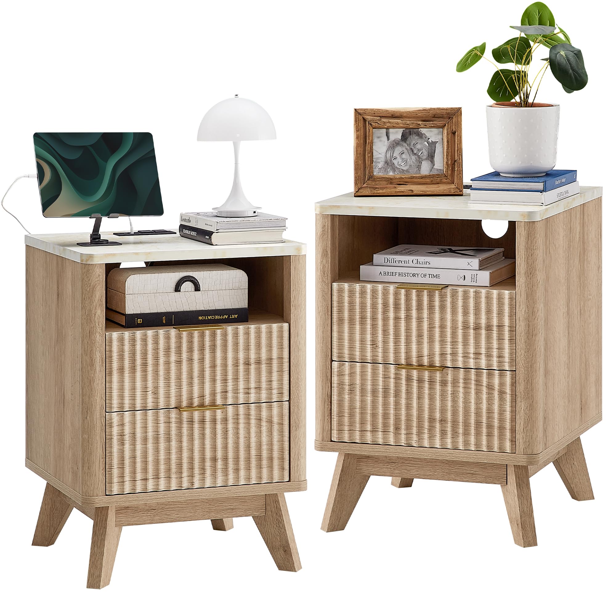 Modern Oak Fluted Nightstand Set of 2 with Faux Marble Top, 2-Drawer End Tables with Charging Station