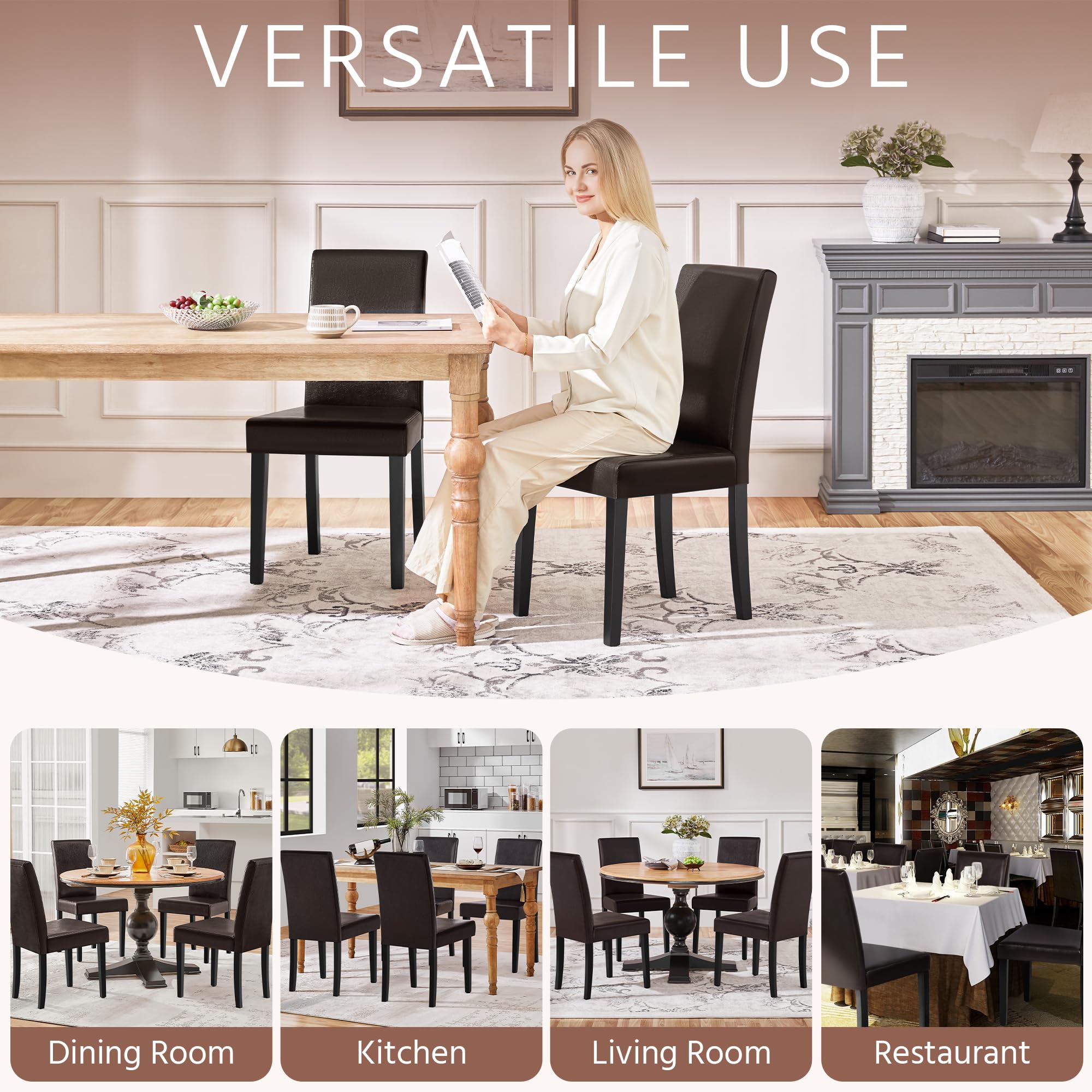 Set of 4 PU Leather Dining Chairs with Waterproof Surface & Wood Legs for Kitchen, Restaurant, Living Room