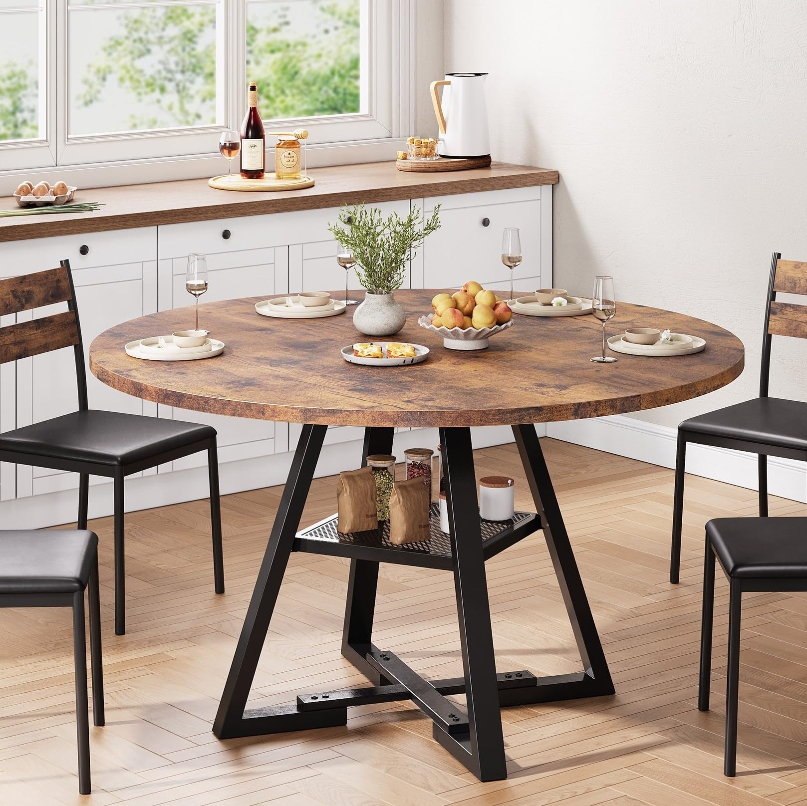 47" Round Pedestal Dining Table, Space-Saving Vintage Circle Table for Kitchen or Dining Room, Seats 4