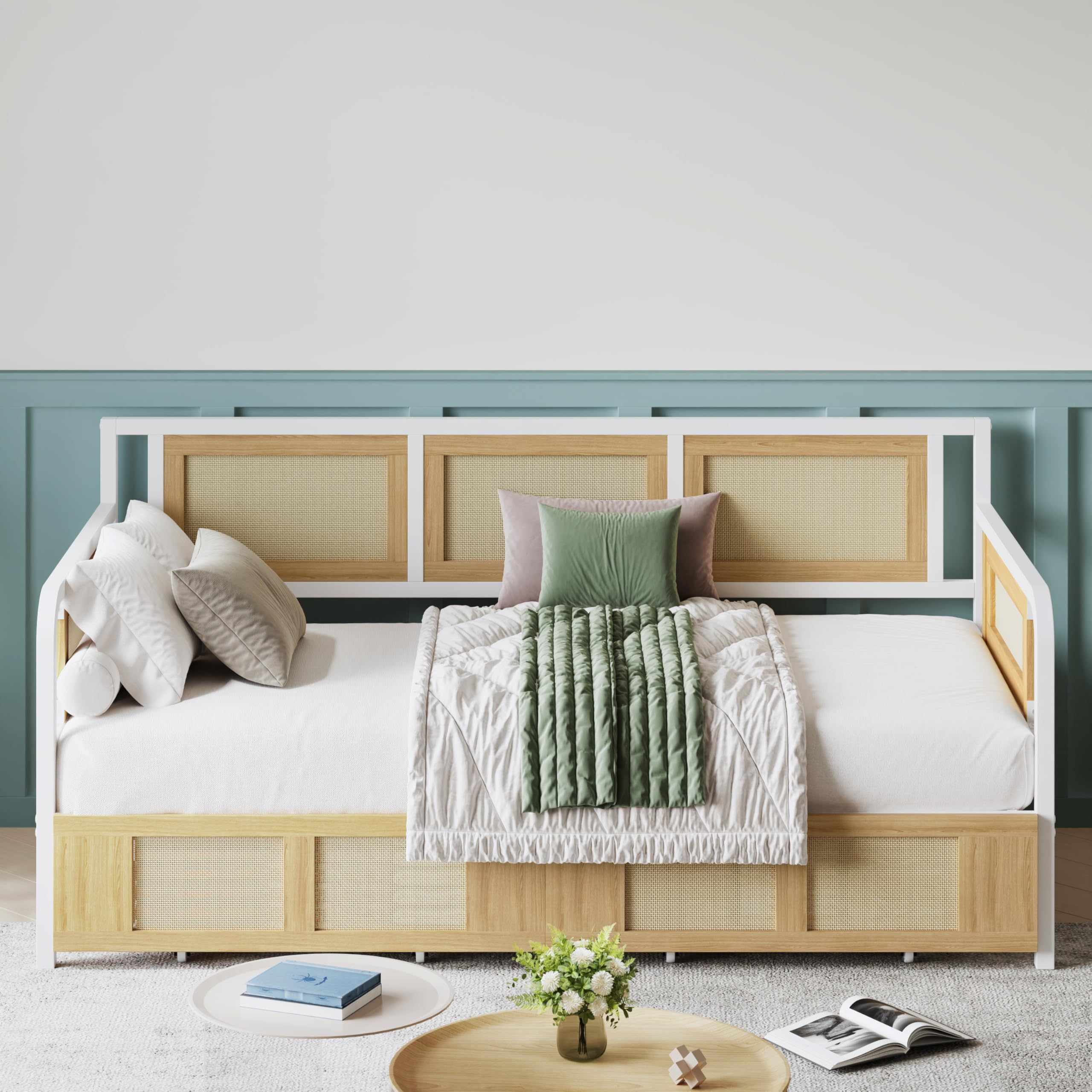 Twin Rattan Daybed – Stylish Corner Day Bed Frame with Storage Drawers for Living Room, Bedroom or Guest Room