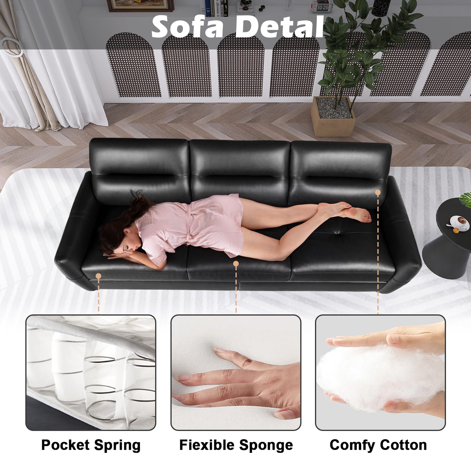 85” Black Faux Leather Couch with USB, Mid-Century 3-Seater Sofa for Living Room, Office, Apartment, Modern Design