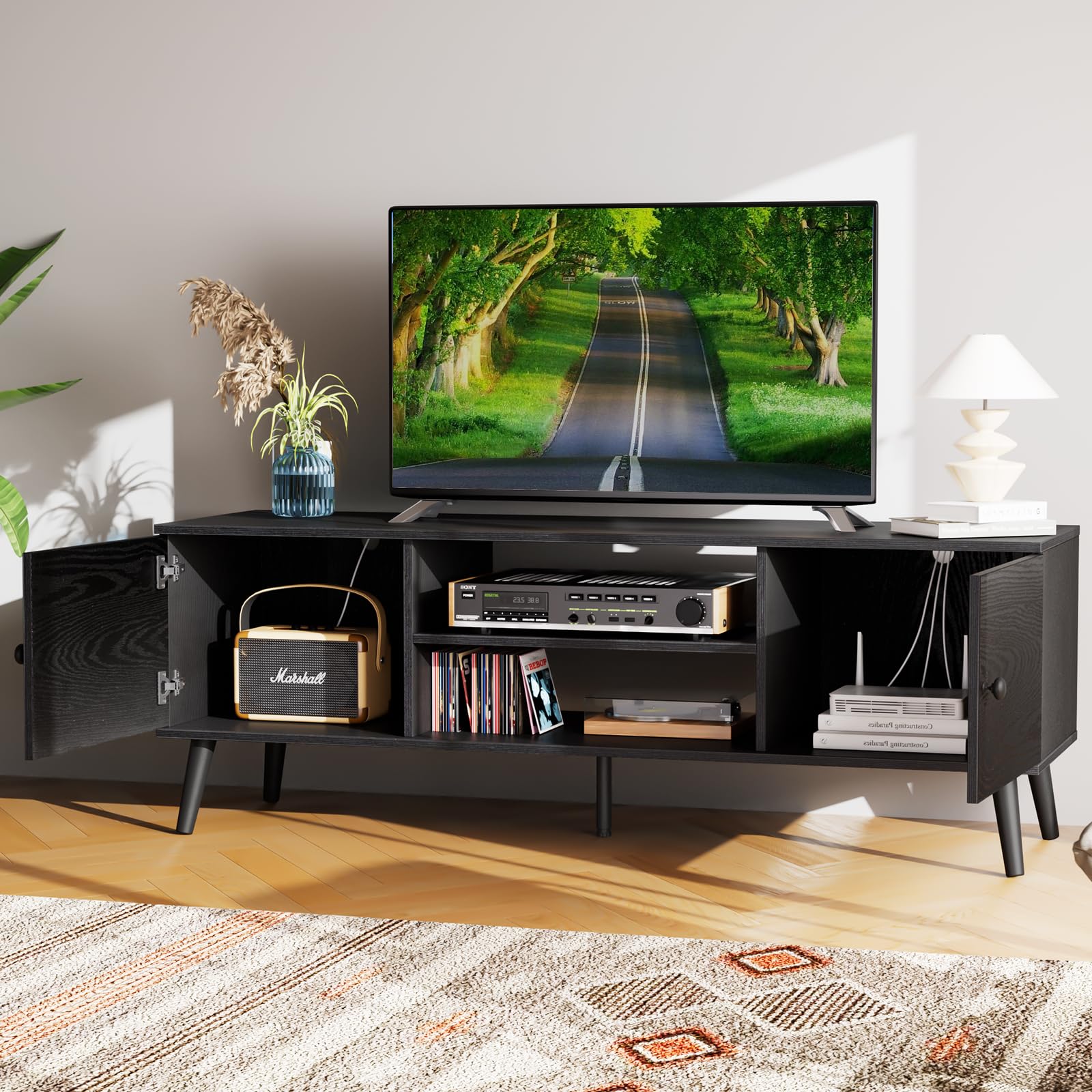 TV Stand for 55–60" TVs – Mid-Century Modern Entertainment Console with Cabinets, Storage, Soft Hinges, Black Finish