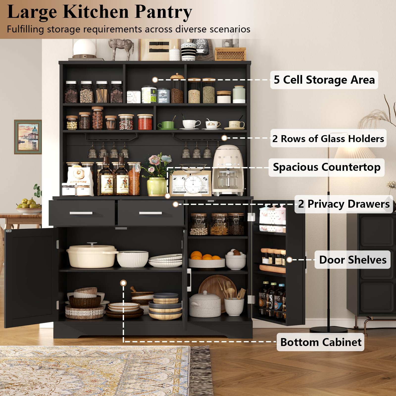 FURNIXI Pantry Storage Cabinet with Drawers, Black Tall Hutch with Microwave Shelf, Goblet Holders, Adjustable Shelves for Kitchen