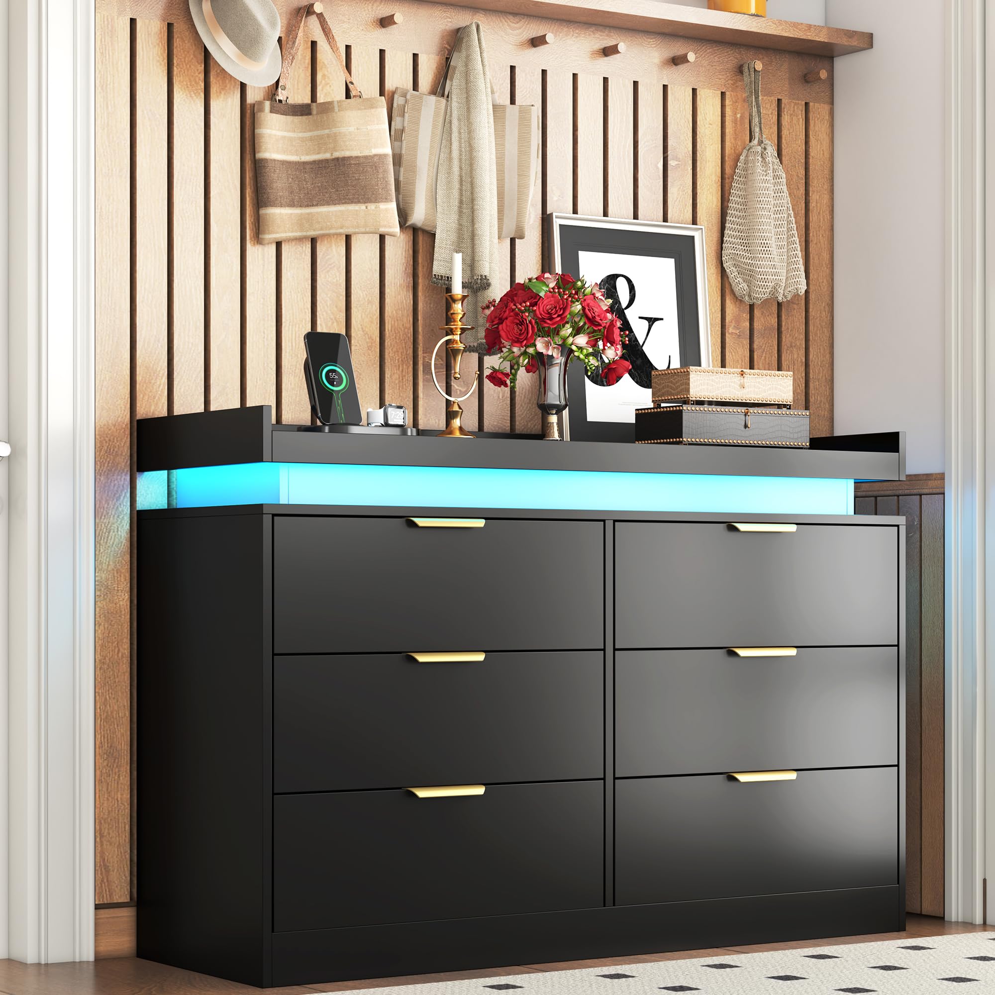 6-Drawer Black Dresser – LED Lights & Power Outlet, Modern Wide Storage Organizer for Bedroom, Entryway or Closet