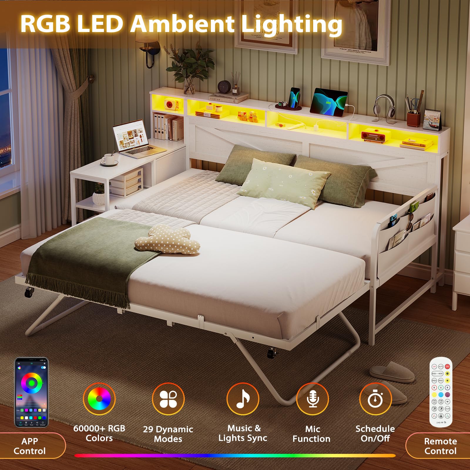 Twin to King Daybed – White Farmhouse Daybed with Trundle, 3 Drawers, Shelves, LED Lights & Charging Station