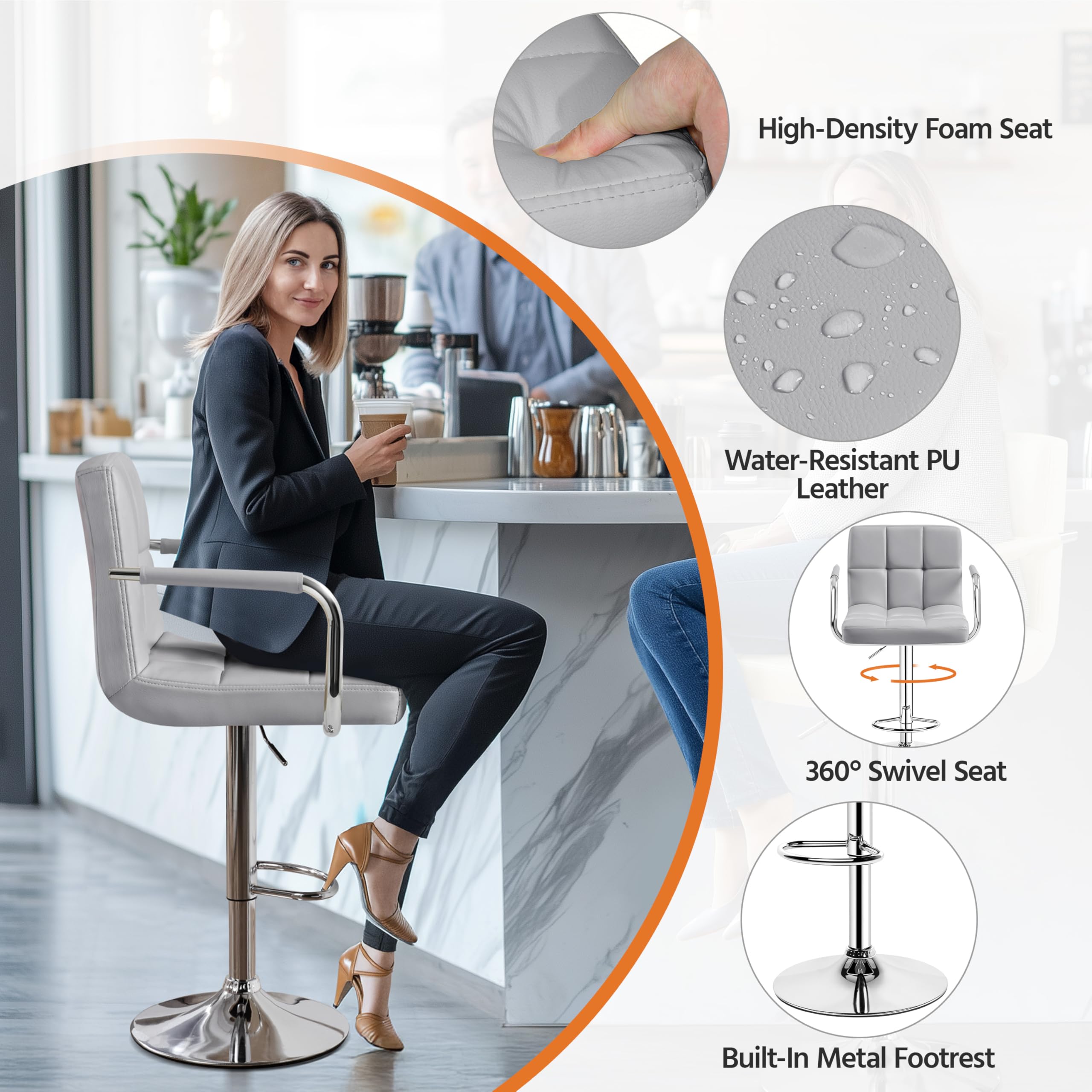 Bar Stools Set of 2, PU Leather Adjustable Swivel Bar Chairs with Back & Armrest, Counter Height Stools for Kitchen, Light Grey