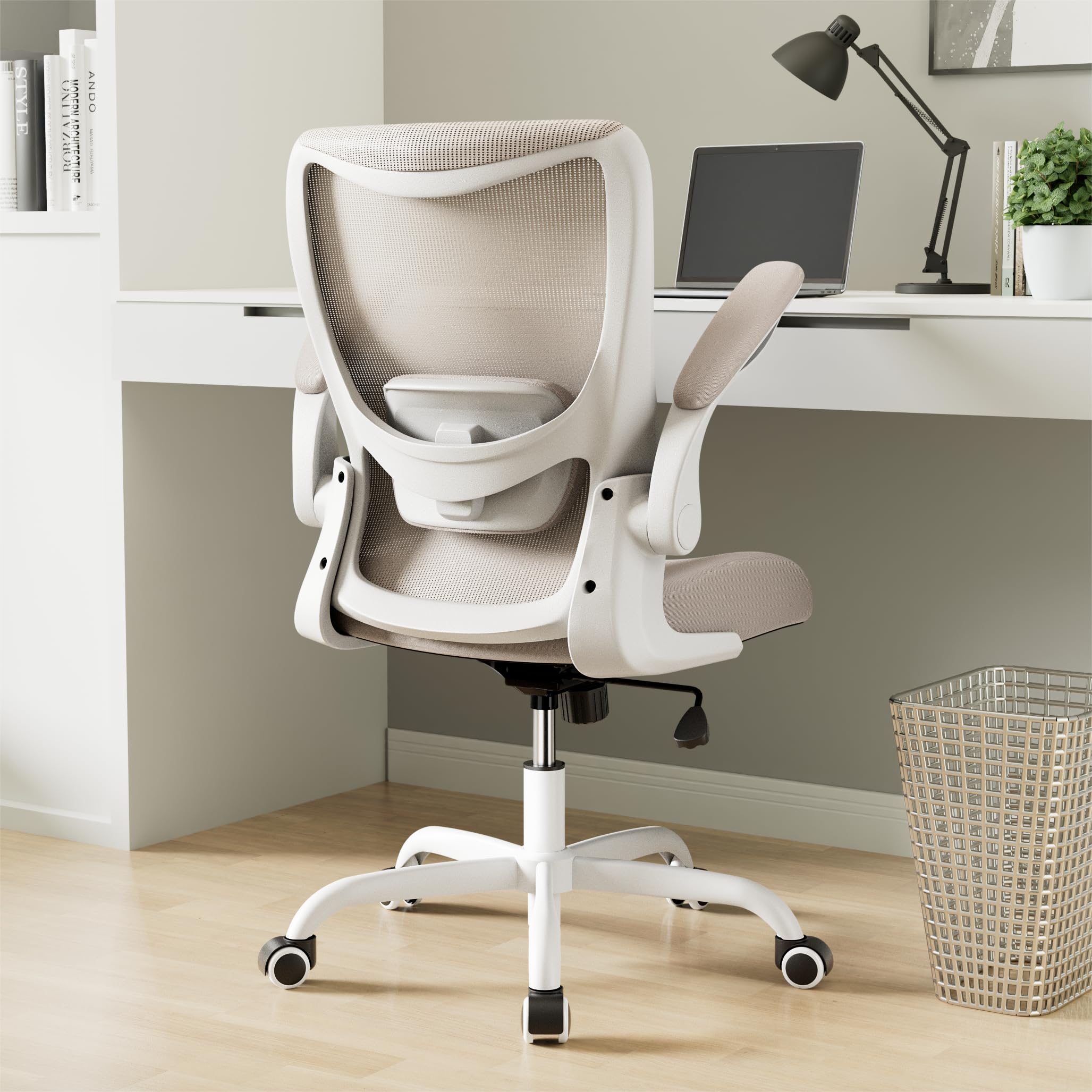 Ergonomic Office Desk Chair with Flip-Up Arms, Adjustable Lumbar, Breathable Mesh Computer Chair, Khaki