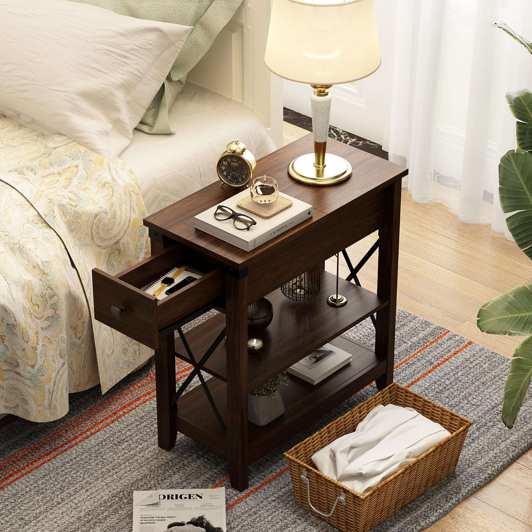Walnut Narrow End Table Set of 2 with Charging Station, USB Ports, Flip Top Storage, for Small Spaces