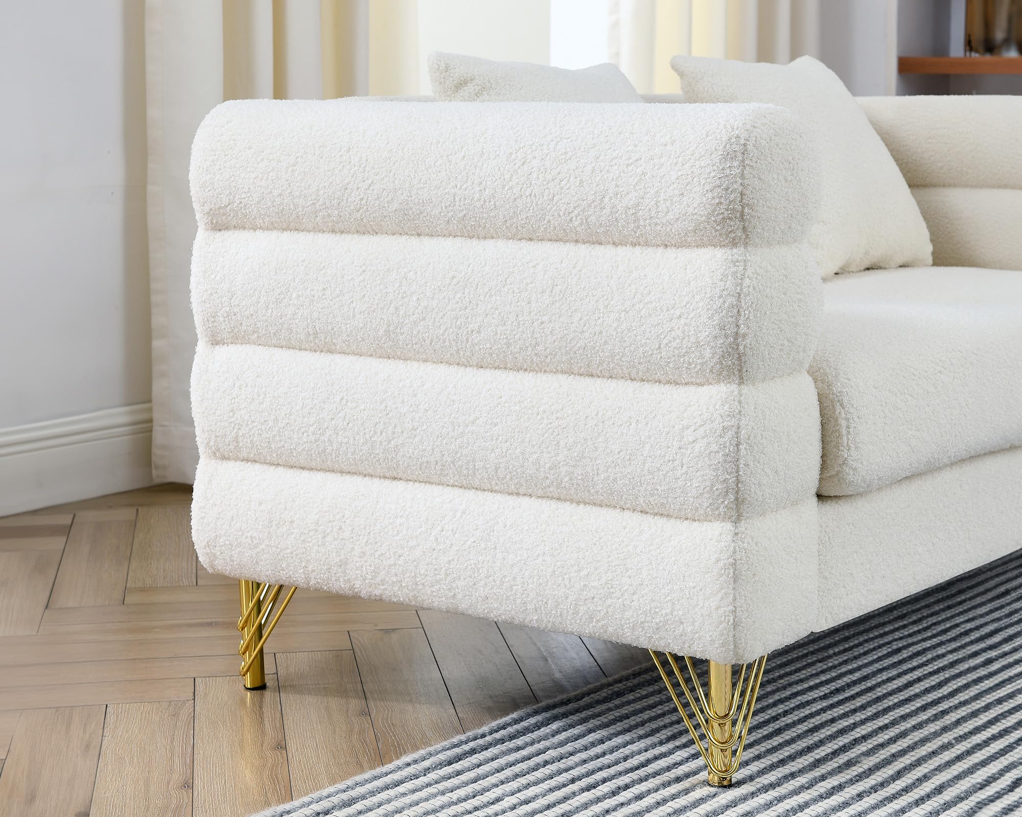 Modern Sofa Couch, 81" W Teddy Bouclé Oversized Loveseat Cloud Sofa, Upholstered 3-Seater Comfy Deep Seat Couch with Gold Legs & Pillows for Living Room, Bedroom, Office, Apartment(White)