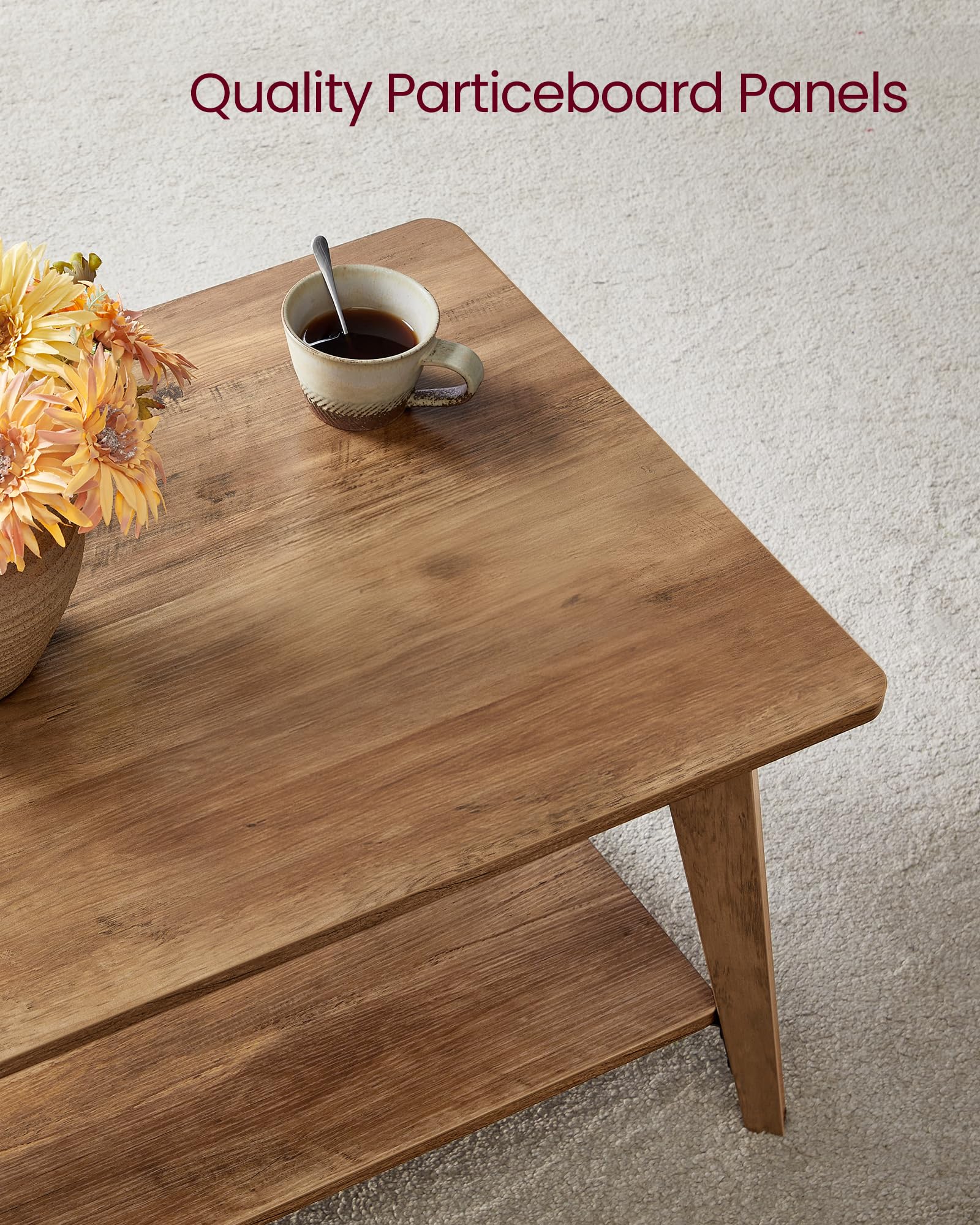 Honey Brown Coffee Table, 2-Tier Living Room Table with Storage & Rounded Corners, Easy Assembly, ULCT249K01