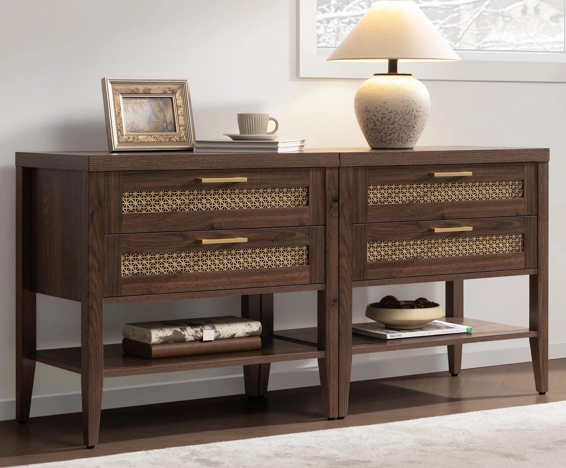 Set of 2 Large Nightstands with Drawers & Shelf, 25.7" Tall Mid-Century Bedside Tables for Bedroom, Walnut
