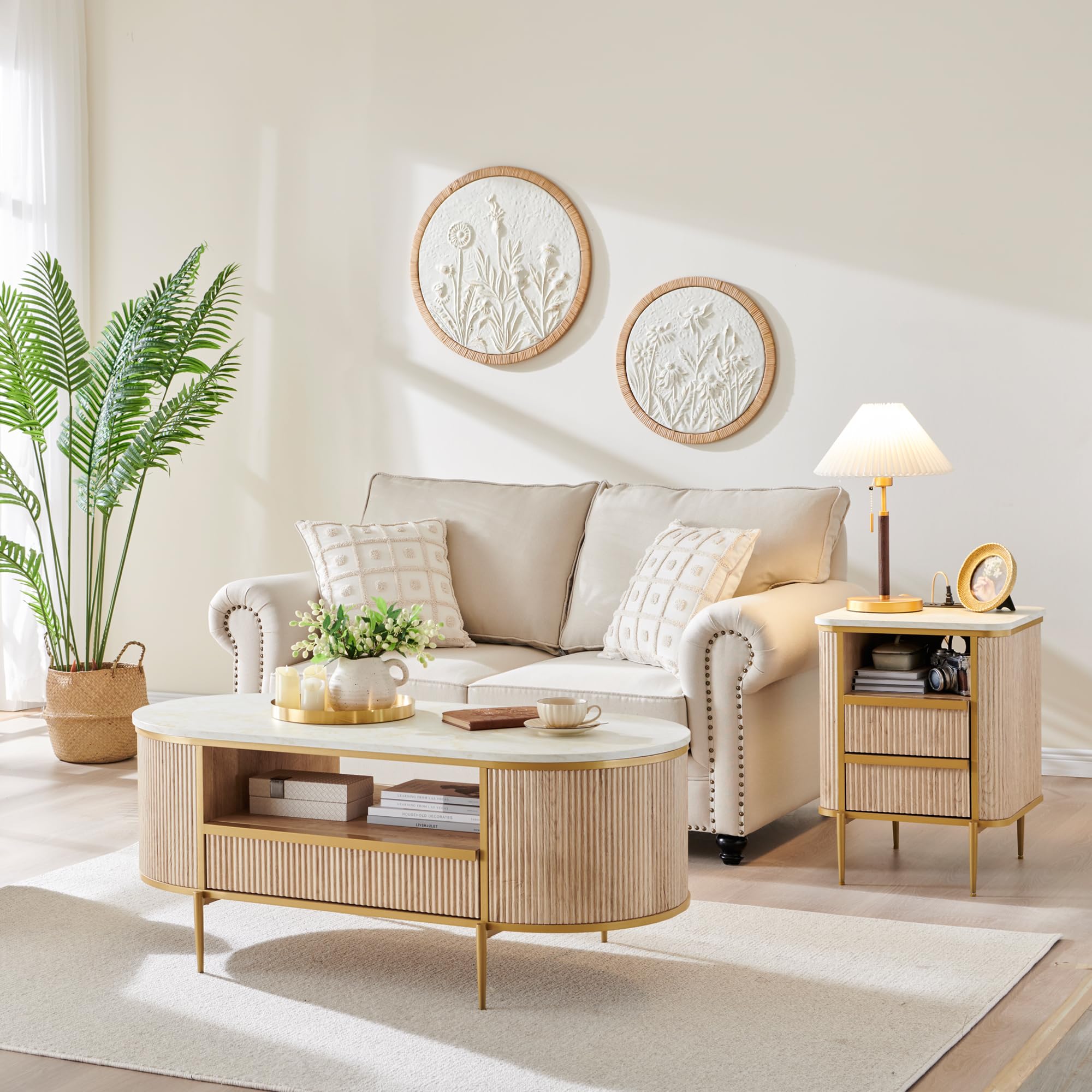 48" Modern Fluted Coffee Table with Drawer, Faux Marble Top, Gold Metal Decor, Curved Oval Center Table, Natural Oak