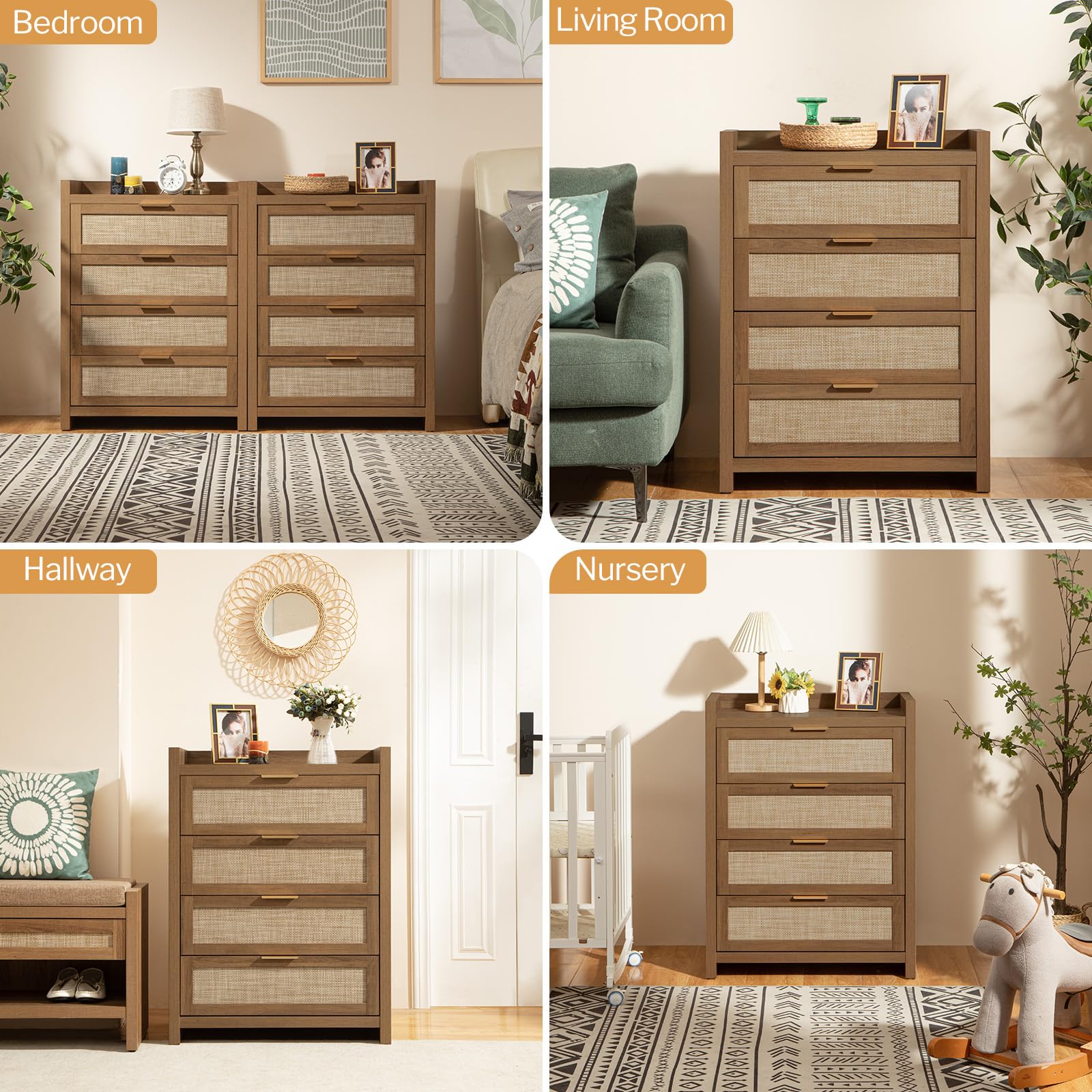 38" Tall 4-Drawer Rattan Dresser for Bedroom, Boho Chest with Storage Cabinet for Closet, Living Room, or Entryway