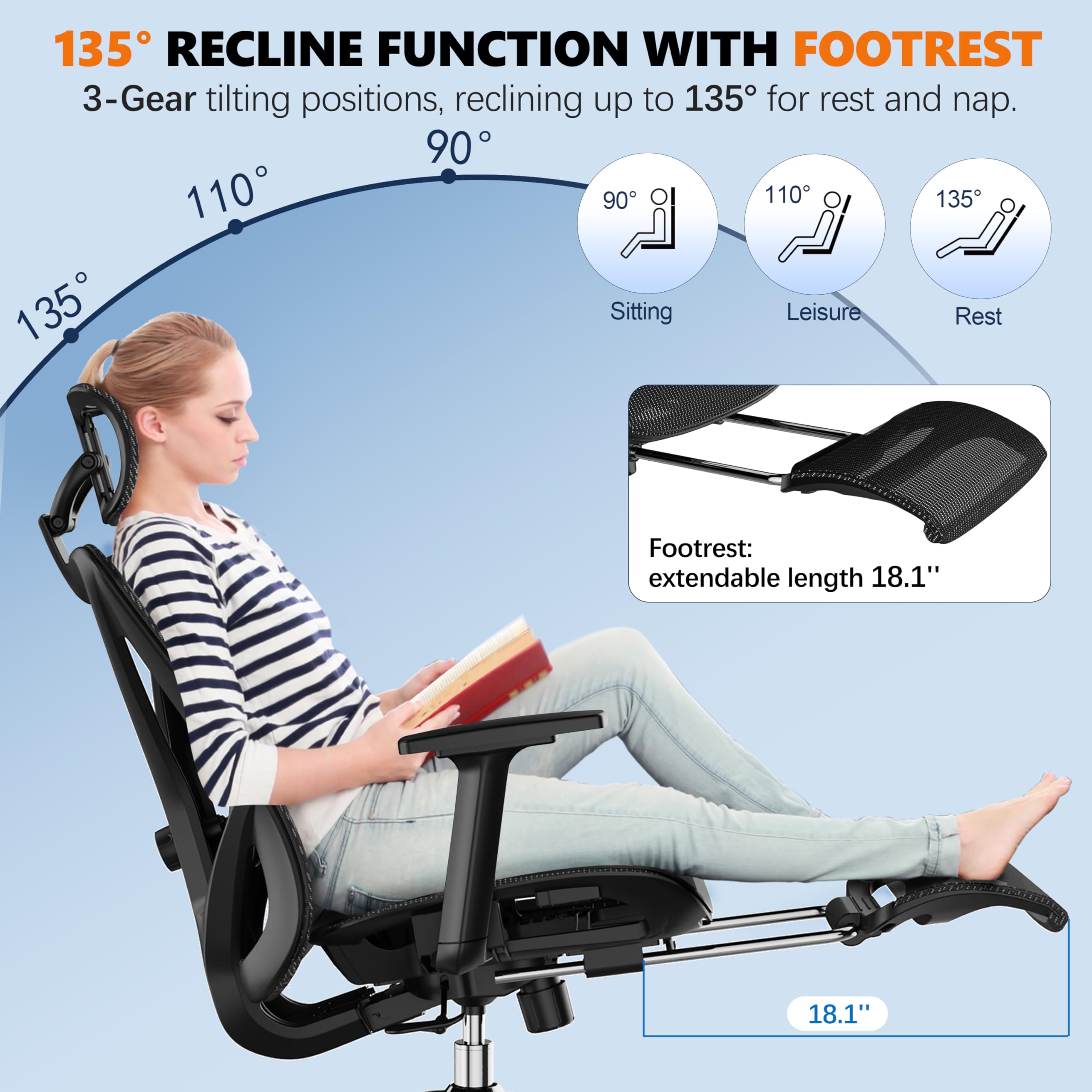 Reclining Ergonomic Office Chair with Footrest, Adjustable Lumbar, 3D Arms & Headrest, 300LBS Swivel Chair