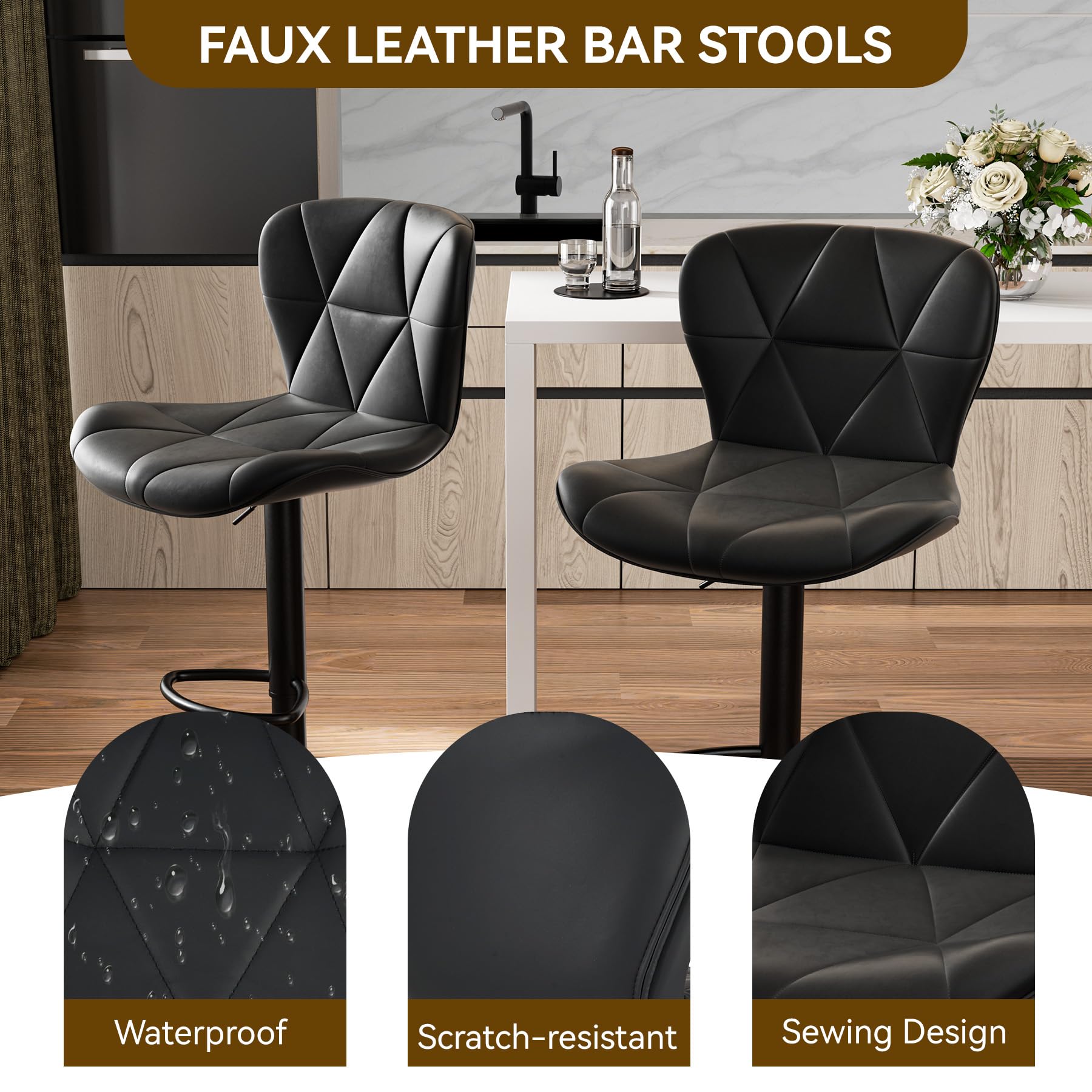 Bar Stools Set of 2, Adjustable Faux Leather Upholstered Swivel Chairs with Back, Counter Height Barstools for Kitchen, Black