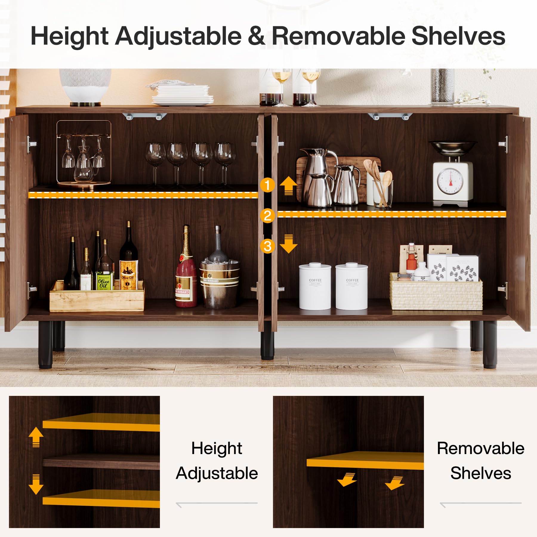 Sideboard Buffet Cabinet with Storage, 55" Mid-Century Credenza Cabinet with 4 Doors & Adjustable Shelves for Kitchen