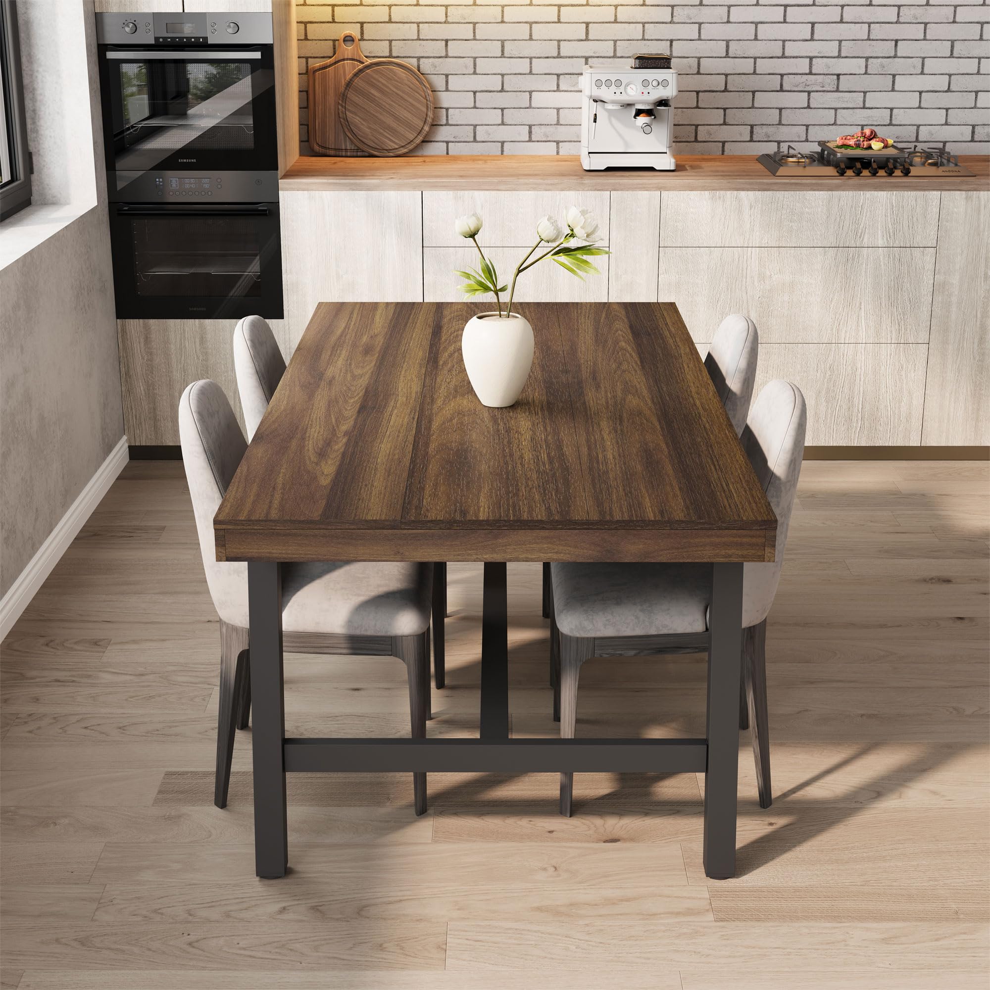 70.87" Long Dining Table, Rustic Brown Wooden Kitchen Table with Metal Frame, Seats 6-8 People Comfortably