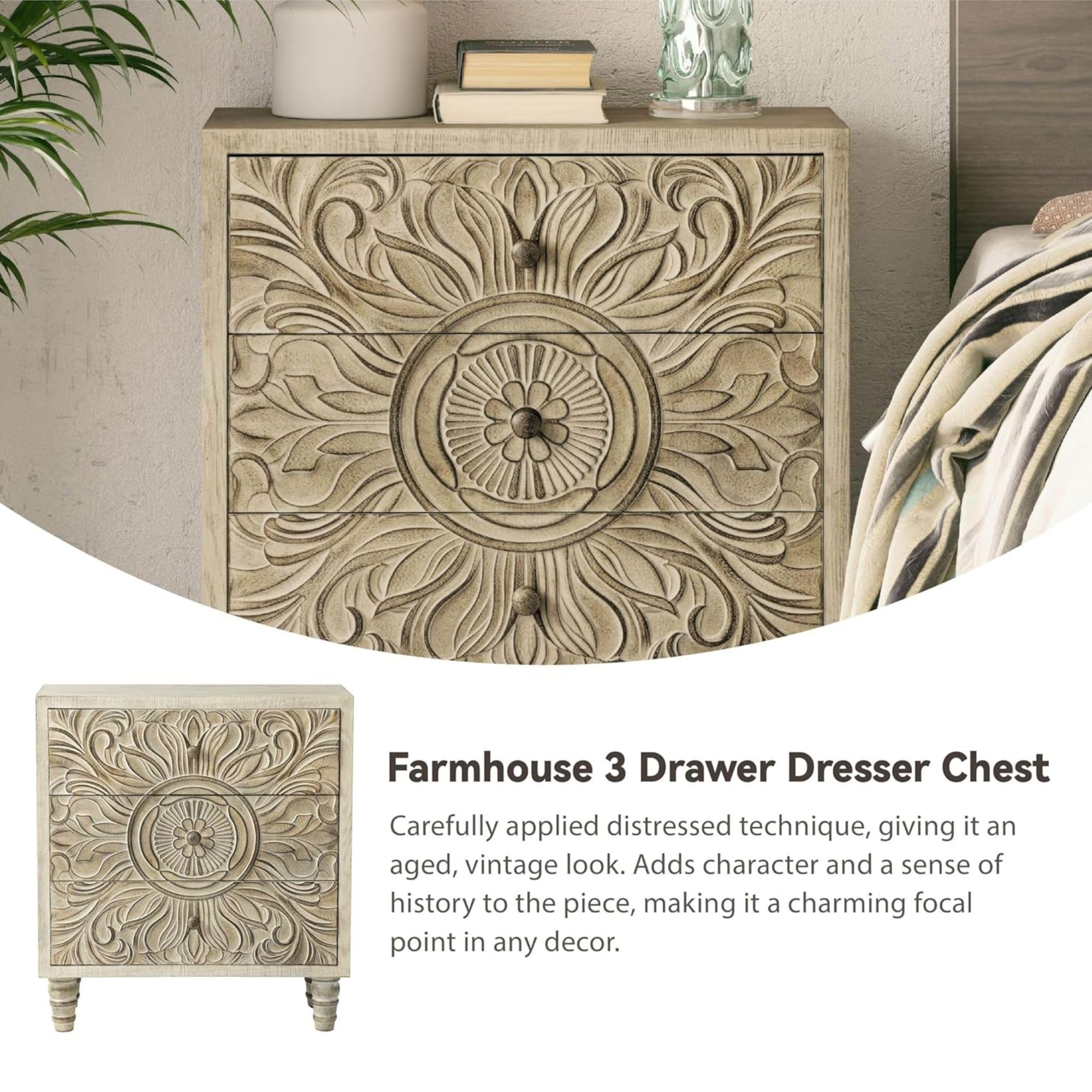 Boho 3-Drawer Dresser with Embossed Floral Motif, Rustic French Country Nightstand, Distressed White Finish