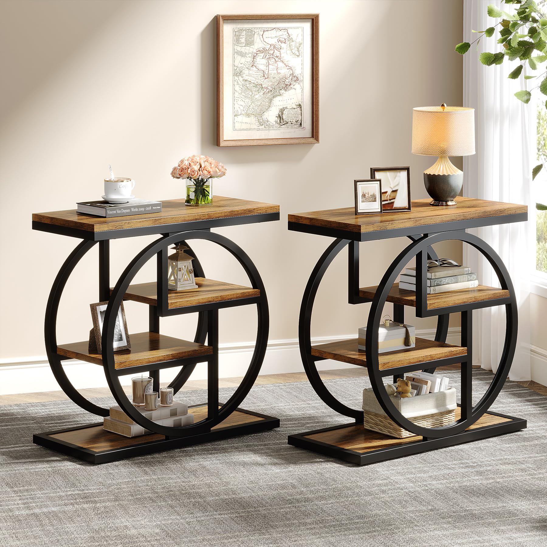 FURNIXI Rustic Brown End Table Set of 2, 4-Tier Narrow Side Tables with Storage & Geometric Metal Frame