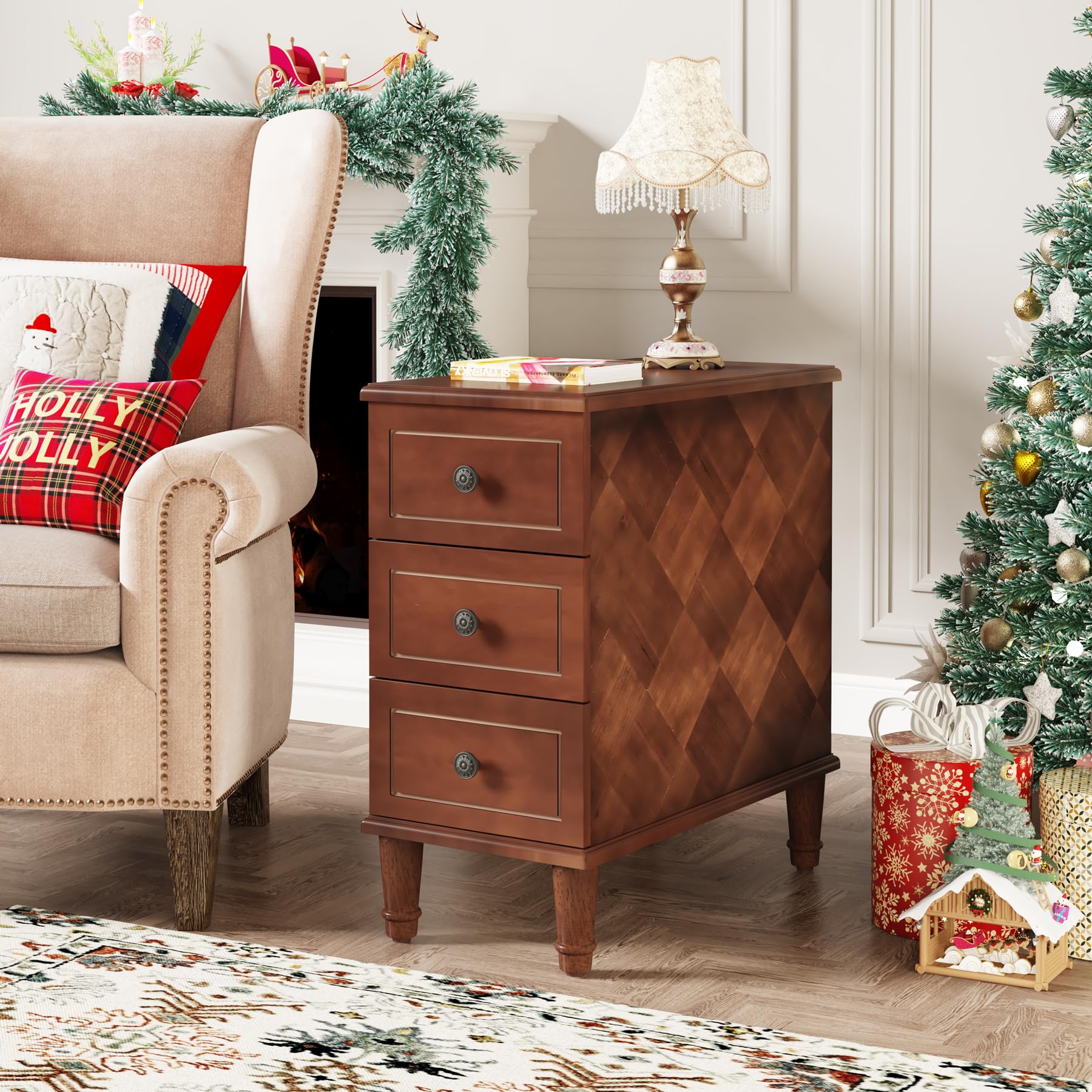 Solid Wood Narrow End Table with Drawers, Pre-Assembled Slim Side Table for Small Living Spaces