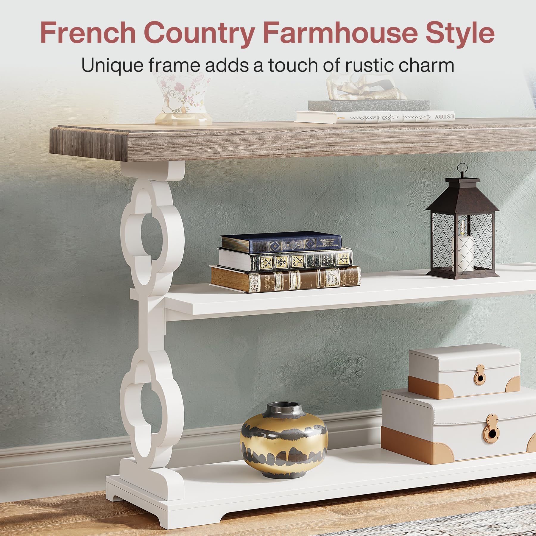 55" Farmhouse Console Table – Grey & White Wood Sofa Table with Storage Shelves for Entryway, Foyer or Living Room