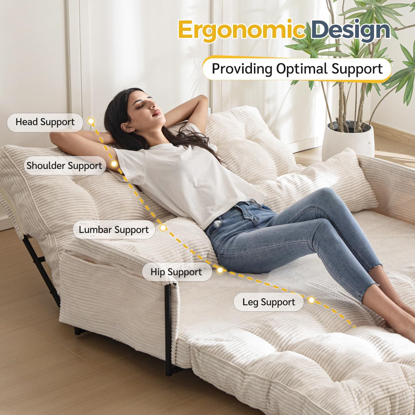 Adjustable Floor Sofa Bed with 2 Pillows, 5-Position Foldable Bean Bag Couch, Sleeper for Gaming, Reading, Beige