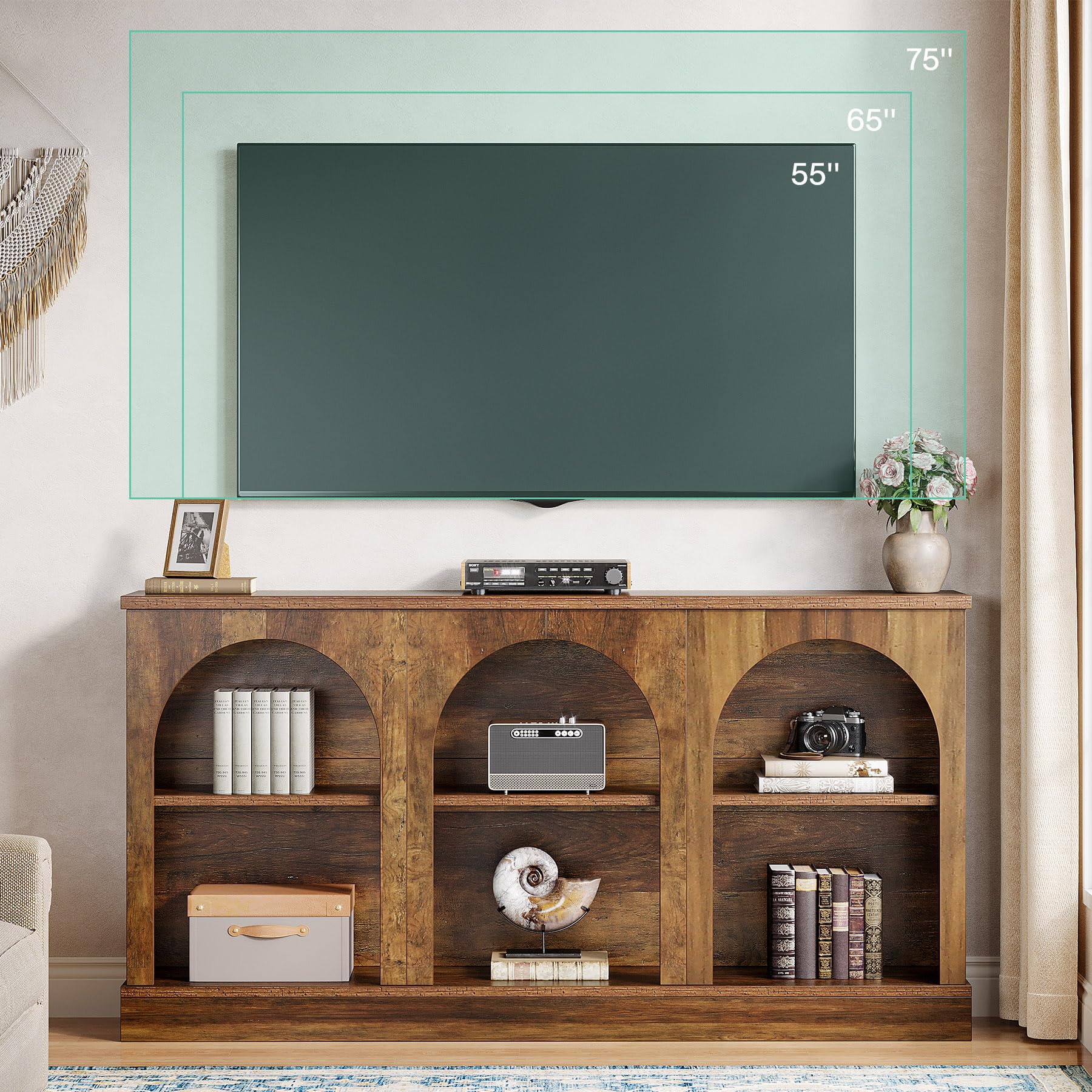 Farmhouse TV Console Stand for 55-65 Inch TVs, Rustic Entertainment Center with Storage Cabinets, Brown Finish