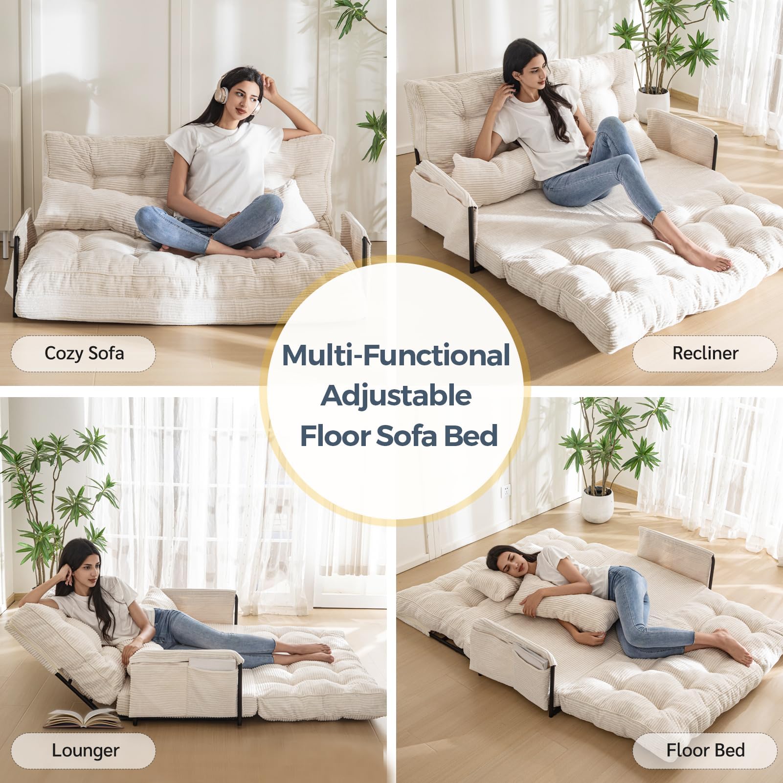 Adjustable Floor Sofa Bed with 2 Pillows, 5-Position Foldable Bean Bag Couch, Sleeper for Gaming, Reading, Beige