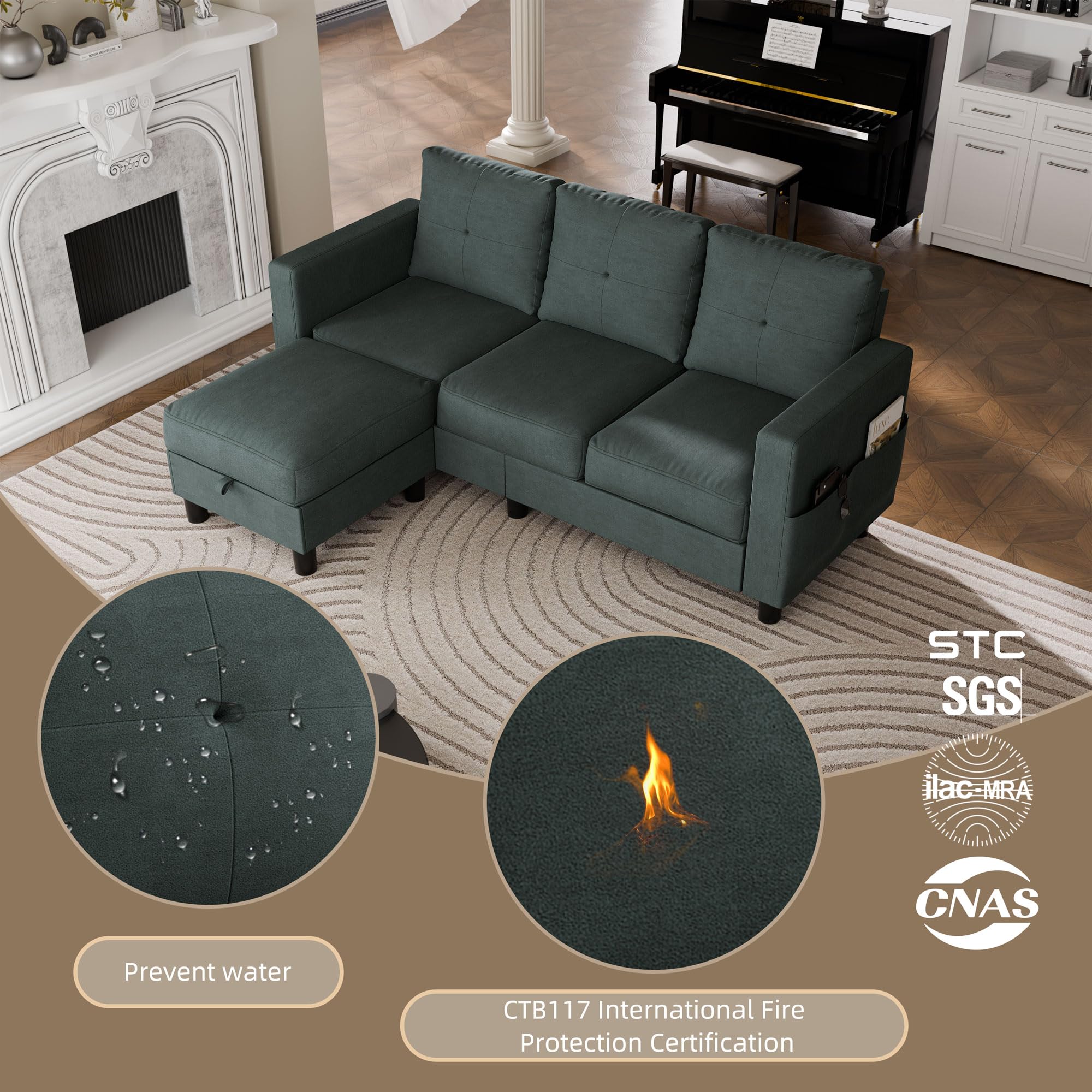 L-Shaped Convertible Sectional Sofa with Ottoman, Green 3-Seater Couch for Apartment, Office, Small Living Room