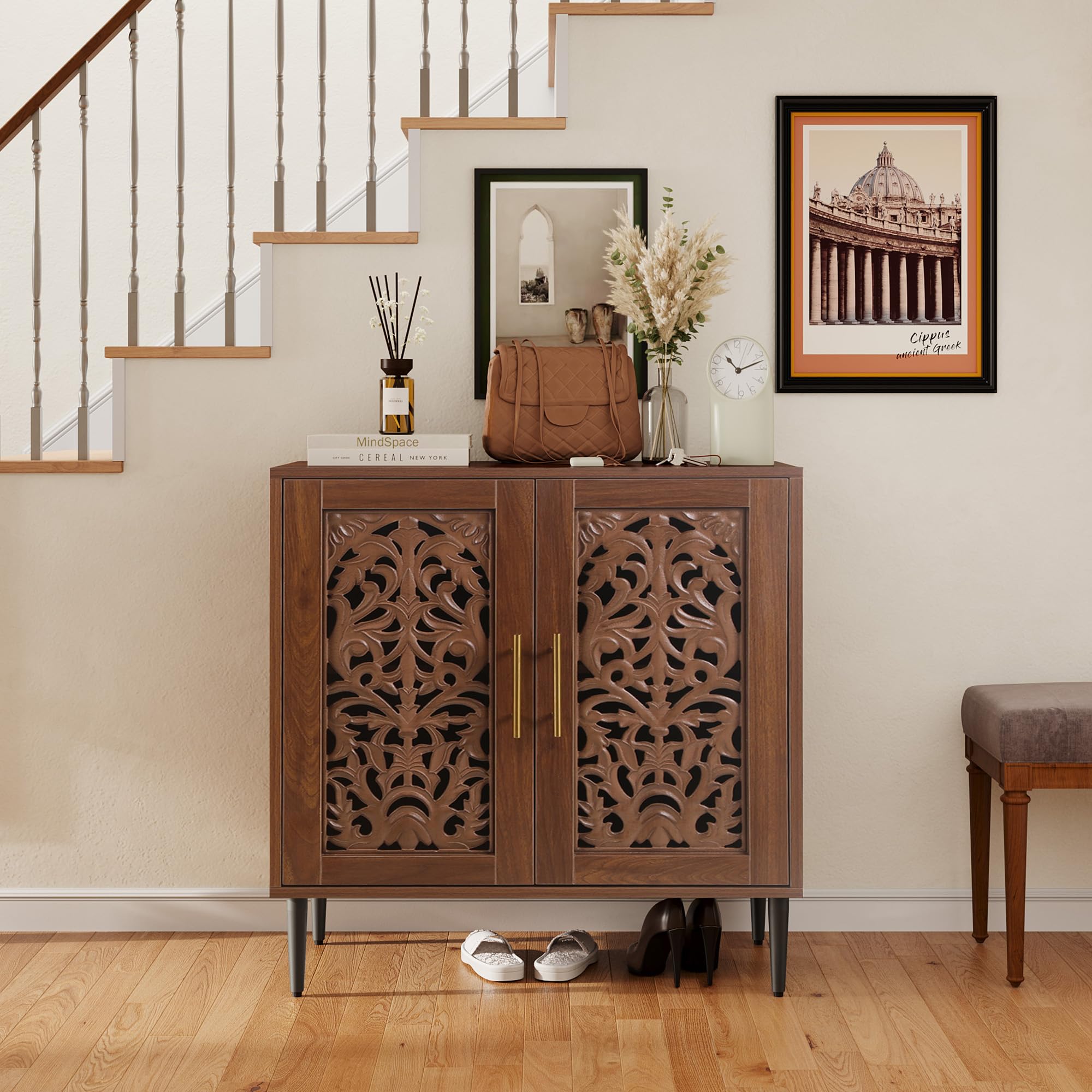 Walnut Accent Cabinet with 2 Doors, Vintage Carved Sideboard Credenza for Dining Room, Hallway, Kitchen