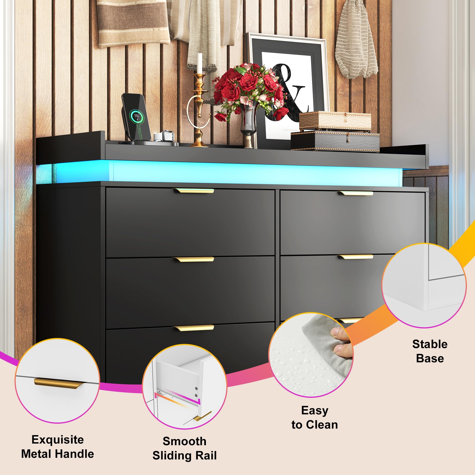 6-Drawer Black Dresser – LED Lights & Power Outlet, Modern Wide Storage Organizer for Bedroom, Entryway or Closet