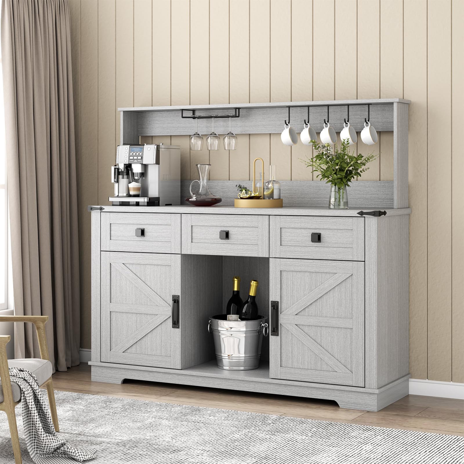 FURNIXI Grey Farmhouse Bar Cabinet with Hutch, Buffet Storage Unit with 3 Drawers, Cup Hooks, Goblet Holder for Kitchen Dining