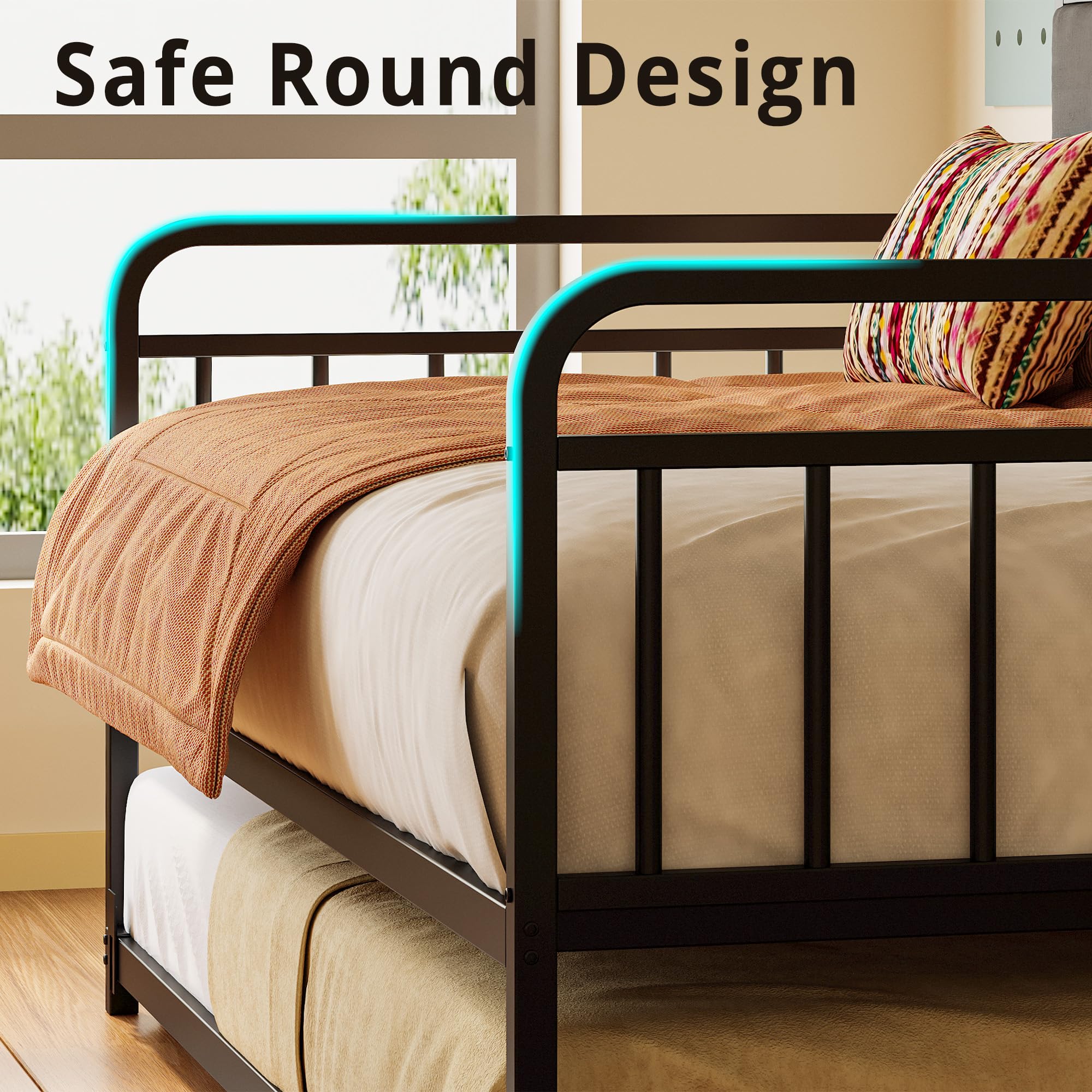 Twin XL Daybed with Trundle – Black Metal Frame with Headboard, Charging Station for Bedroom, Guest Room or Living Room