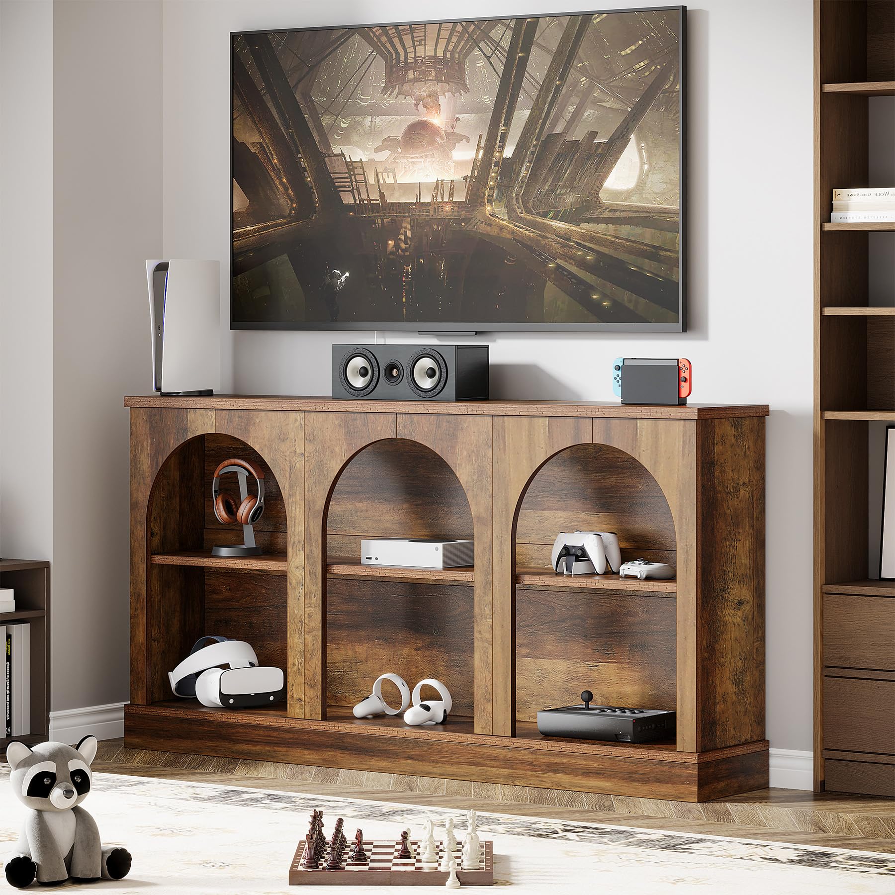 Farmhouse TV Console Stand for 55-65 Inch TVs, Rustic Entertainment Center with Storage Cabinets, Brown Finish