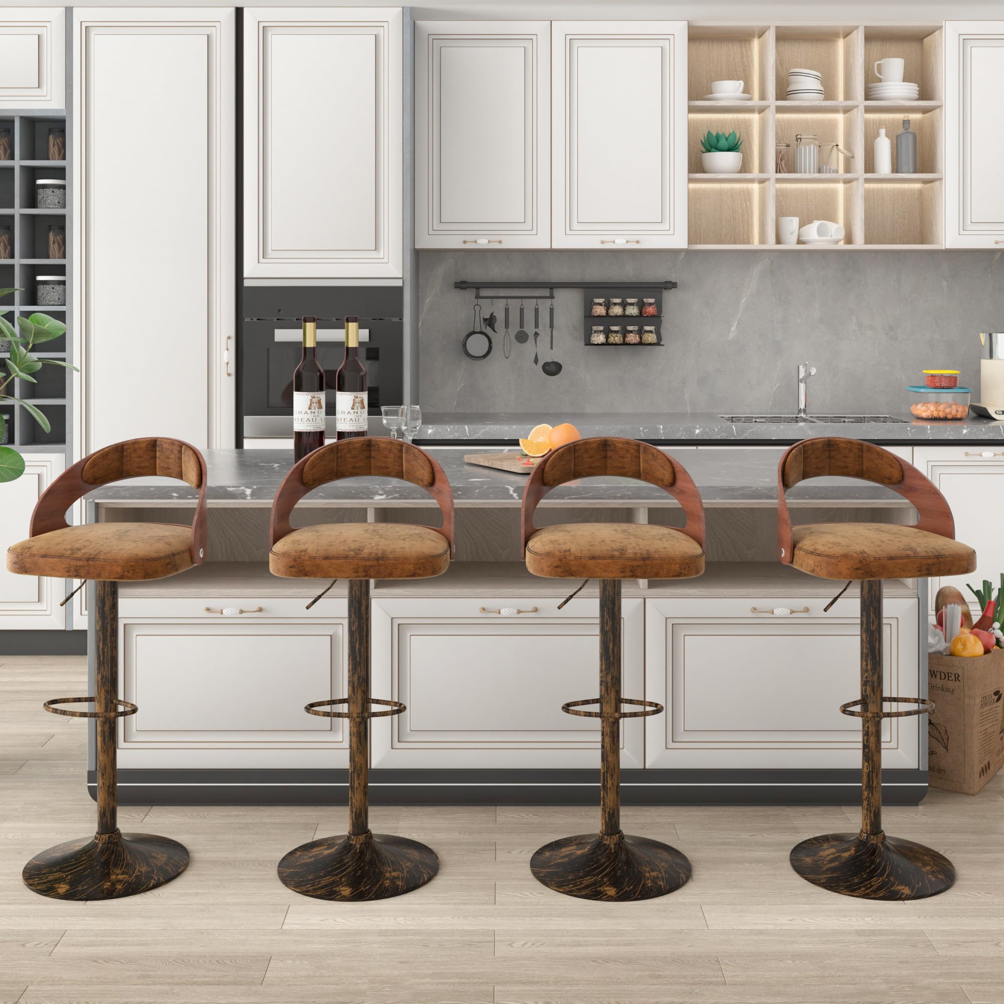 Bar Stool Set of 4, 360° Swivel PU Leather Counter Stools with Bentwood Back, Arm & Footrest, Adjustable Height, Rustic Brown