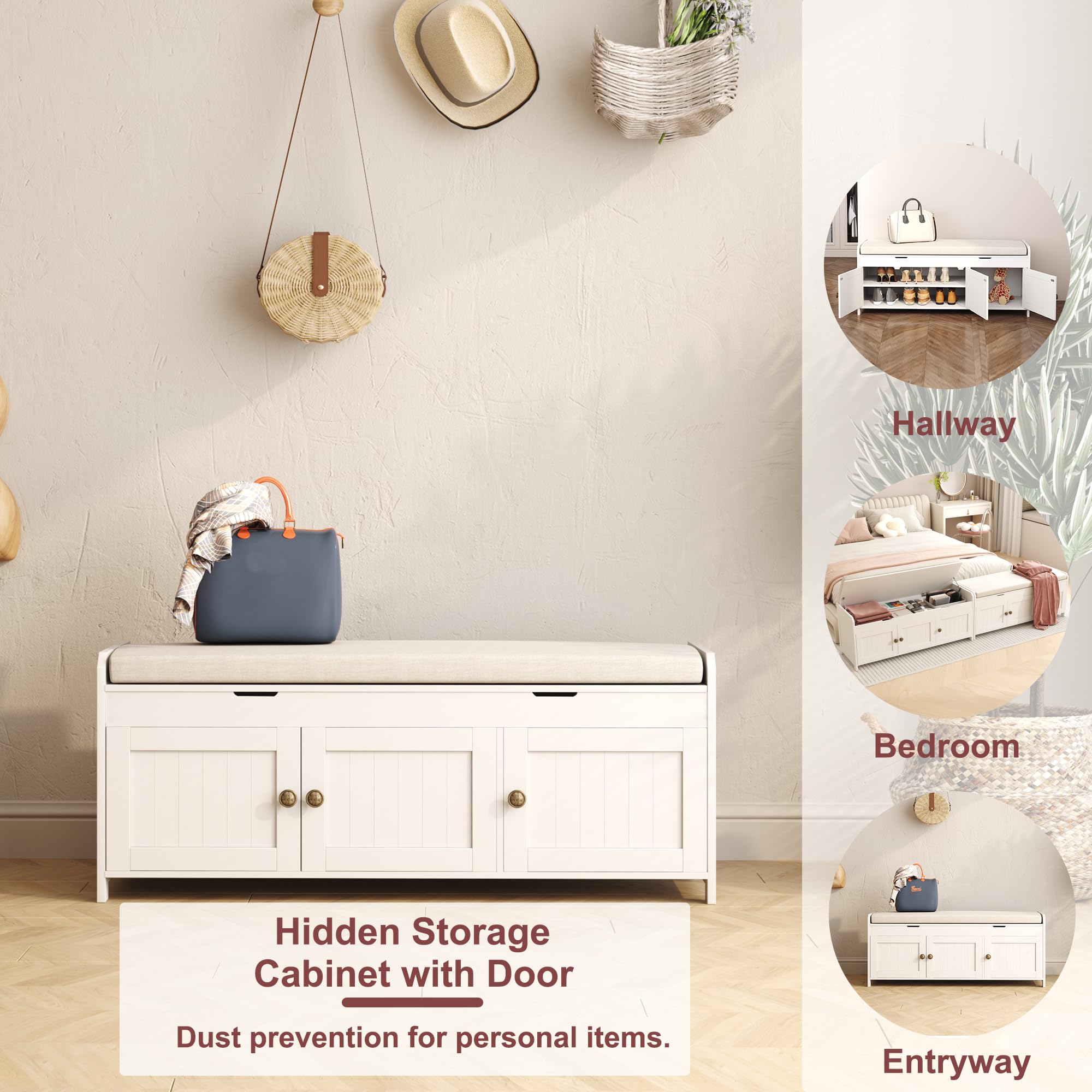 41.3" Entryway Shoe Bench with Cushioned Lift-Top Storage, Wooden Bed Bench Cabinet, White Finish