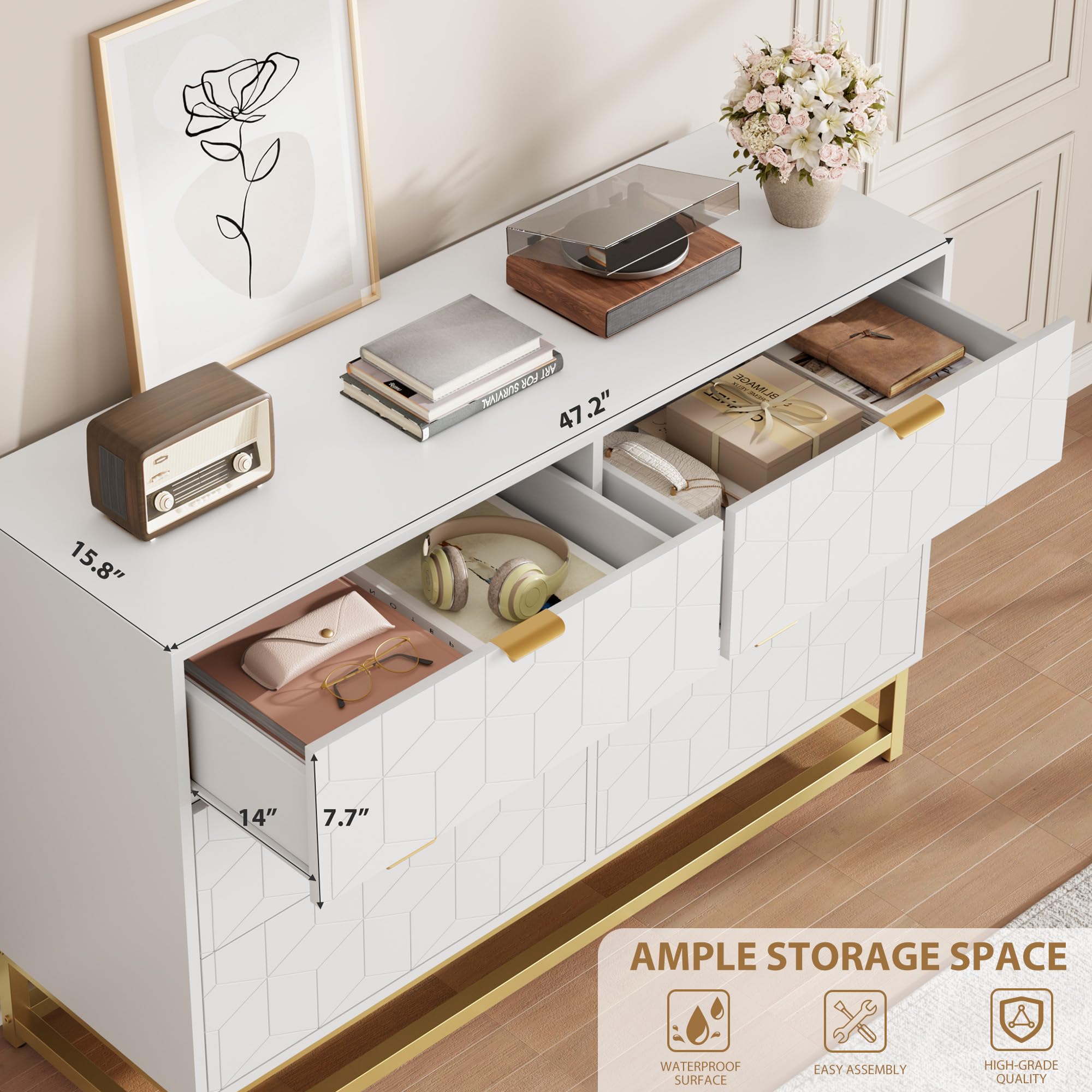 White 6-Drawer Dresser – Modern Double Chest with Gold Handles, Long Organizer for Living Room, Closet or Entryway