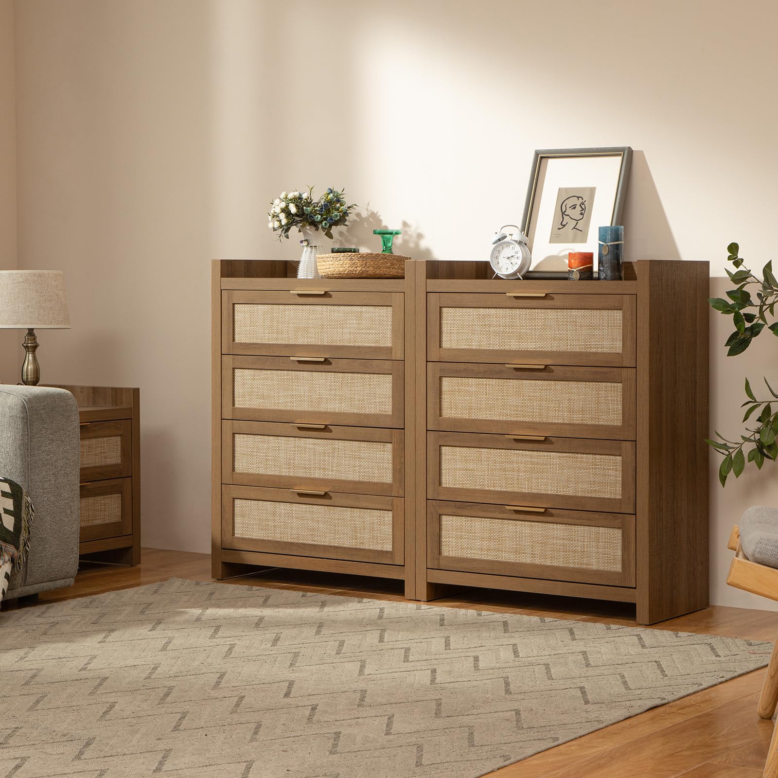 38" Tall 4-Drawer Rattan Dresser for Bedroom, Boho Chest with Storage Cabinet for Closet, Living Room, or Entryway