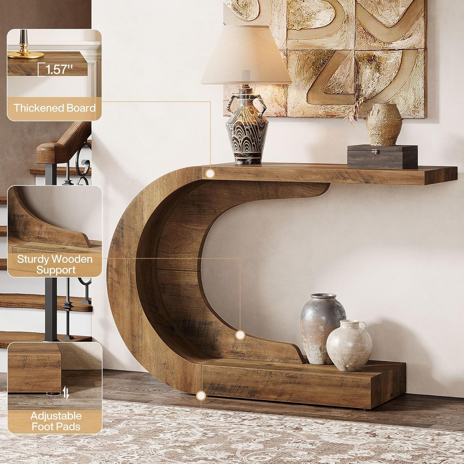 43.3" Mid-Century Modern Entryway Console Table, Wooden C-Shape Accent Table for Living Room, Hallway, Foyer