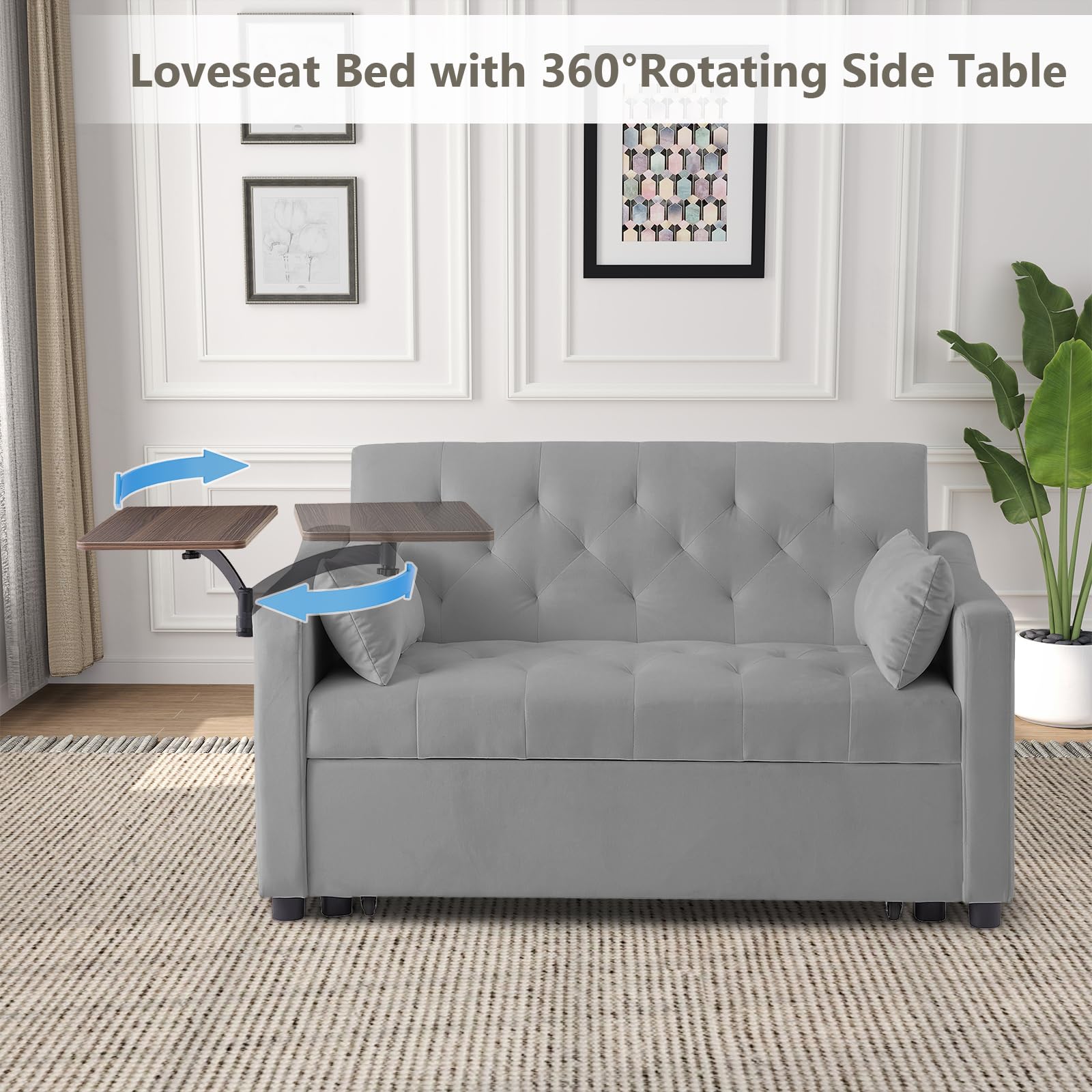 3-in-1 Convertible Sleeper Loveseat Sofa Bed with Pull-Out Couch, Adjustable Backrest & Swivel Side Table