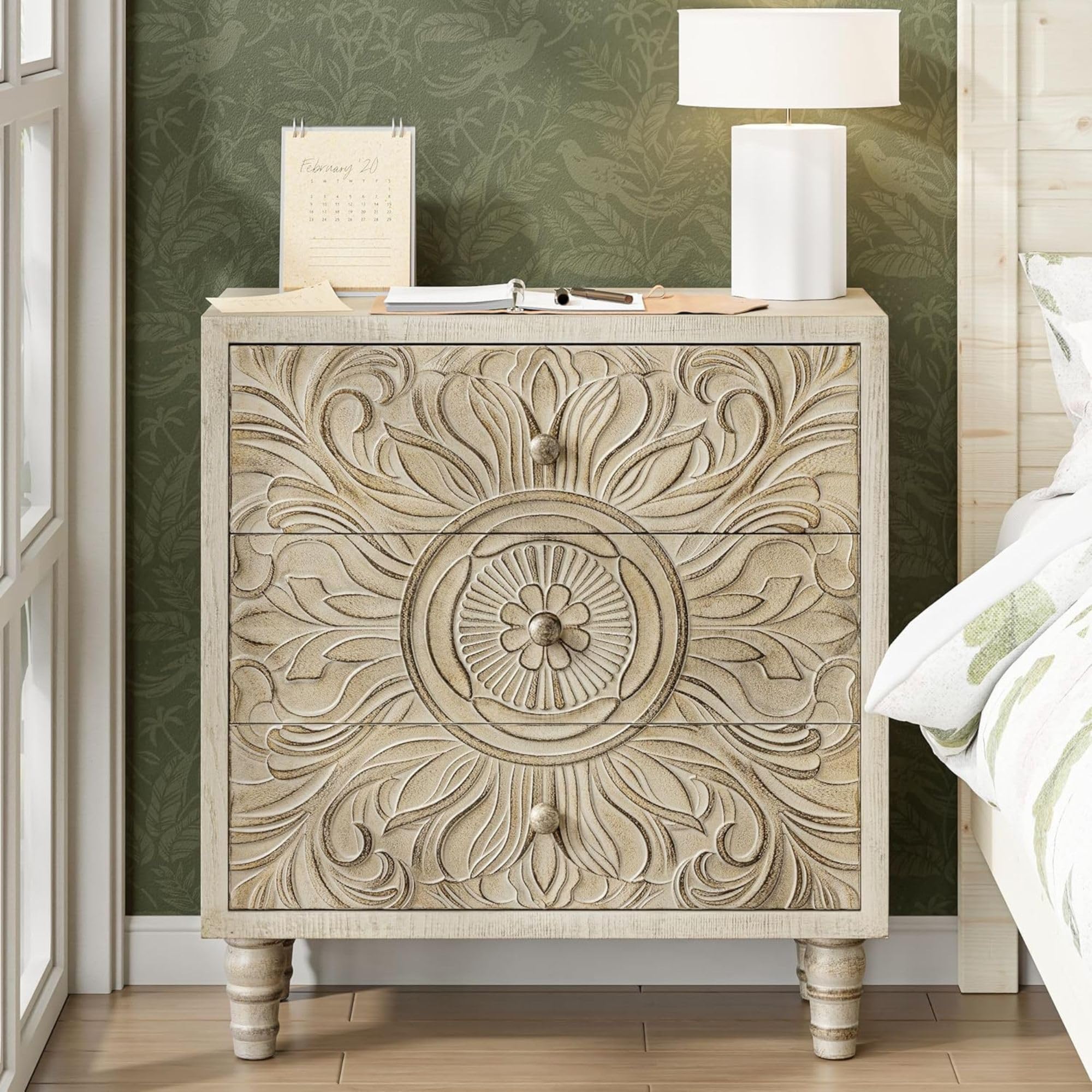Boho 3-Drawer Dresser with Embossed Floral Motif, Rustic French Country Nightstand, Distressed White Finish