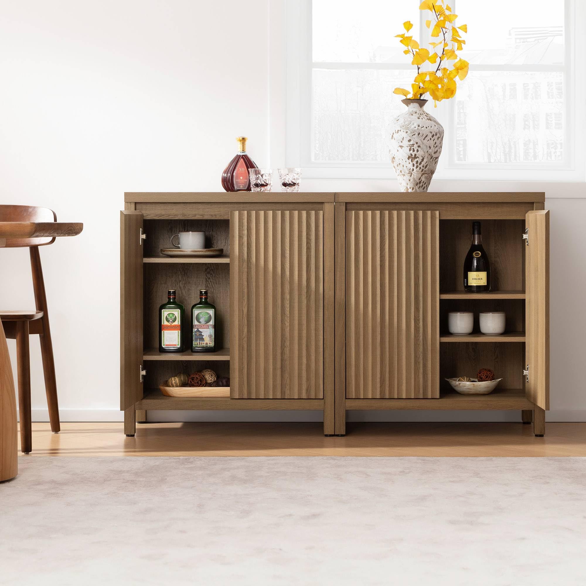FURNIXI Set of 2 Fluted Sideboard Buffet Cabinets with Adjustable Shelves, Farmhouse Credenza for Kitchen, Oak